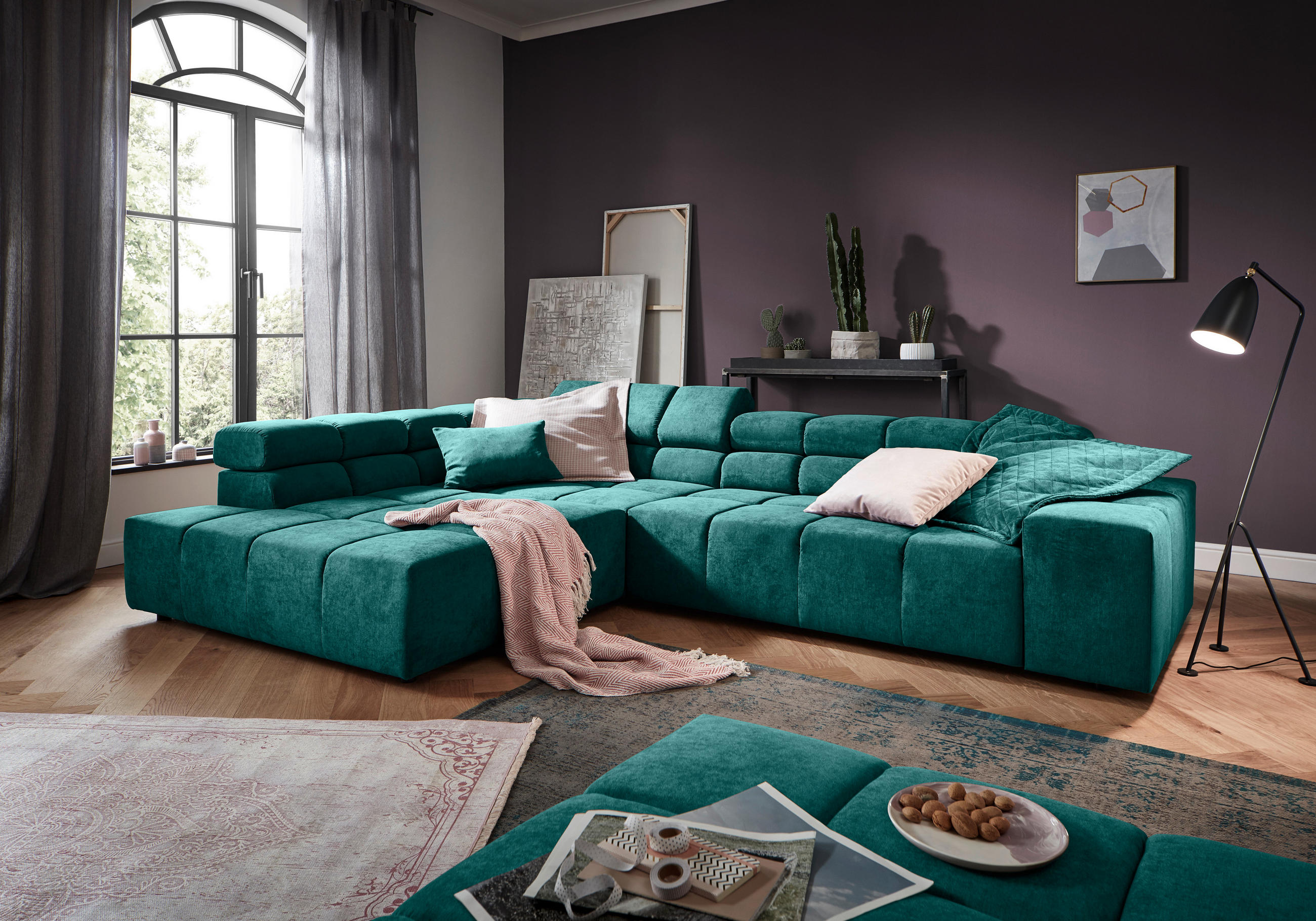 ECKSOFA Petrol Velours  - Petrol/Schwarz, Design, Kunststoff/Textil (213/317cm) - Hom`in