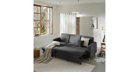 ECKSOFA Anthrazit Flachgewebe  inkl. Bettkasten, Schlaffunktion, Rücken echt, Kopfstütze, Liegefläche im Originalstoff  - Anthrazit/Buchefarben, KONVENTIONELL, Holz/Textil (166/241cm) - Carryhome