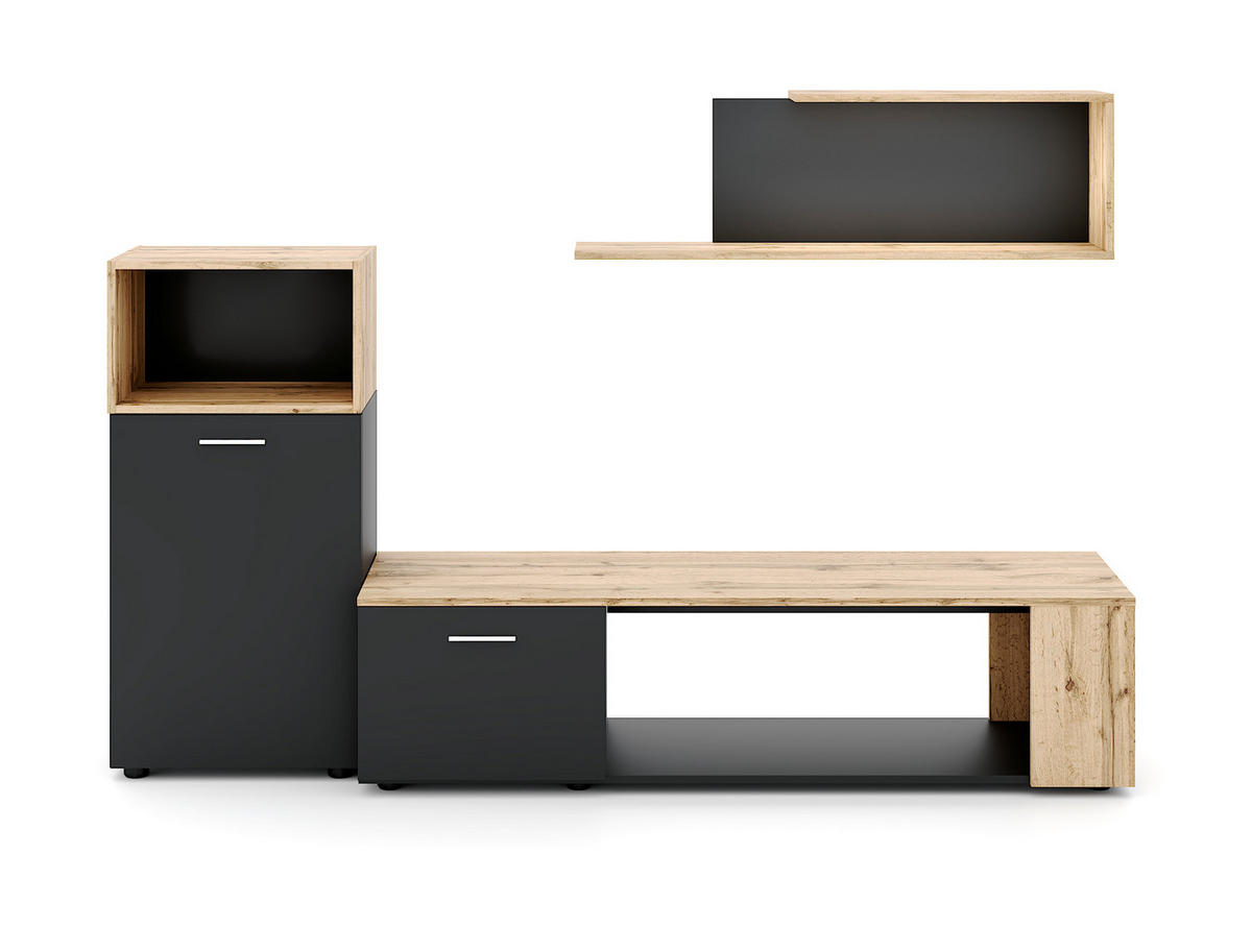 WOHNWAND 3-teilig  in Schwarz, Eiche Wotan  200/160/40 cm  - Silberfarben/Eiche Wotan, Design, Holzwerkstoff/Kunststoff (200/160/40cm) - MID.YOU