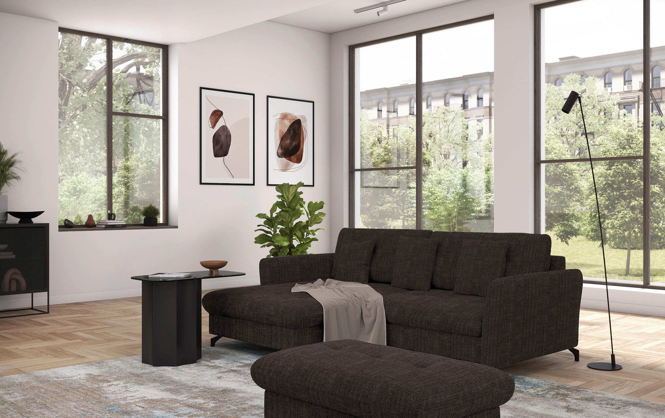 ECKSOFA in Flachgewebe, Leinenoptik Dunkelbraun  - Dunkelbraun/Schwarz, Design, Textil/Metall (170/242cm) - Xora