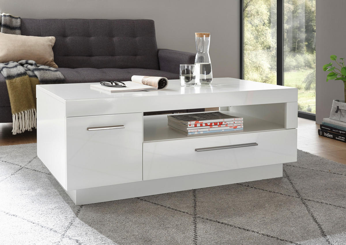 COUCHTISCH 110/65/44 cm Weiß Hochglanz  - Edelstahlfarben/Weiß Hochglanz, Design, Holzwerkstoff/Kunststoff (110/65/44cm) - MID.YOU