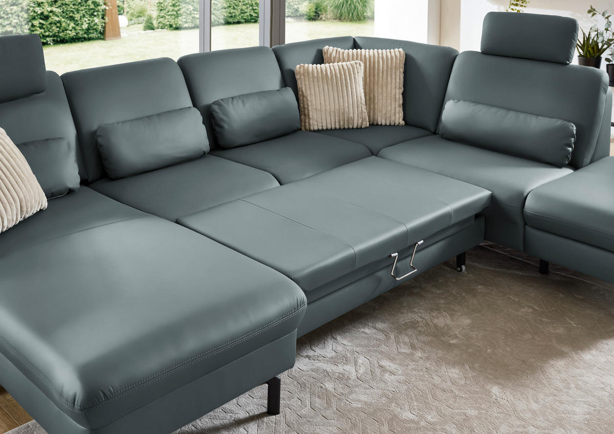 WOHNLANDSCHAFT Echtleder Grau  - Schwarz/Grau, Konventionell, Leder/Metall (168/306/224cm) - Beldomo Premium