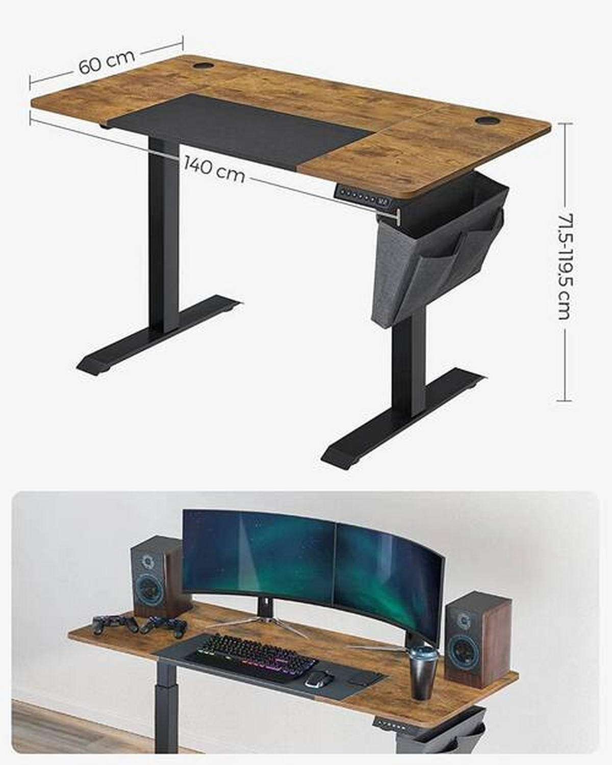 COMPUTERTISCH höhenverstellbar, Kabeldurchlass, Stauraum  - Schwarz/Braun, Basics, Holzwerkstoff/Metall (140/60/72-120cm) - Boxxx