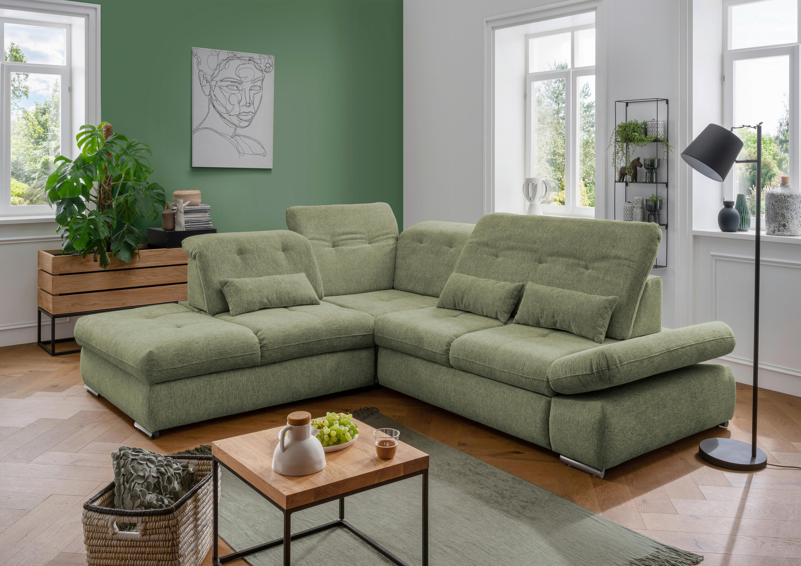 ECKSOFA Grün Chenille  - Chromfarben/Grün, Design, Textil/Metall (254/280cm) - Livetastic
