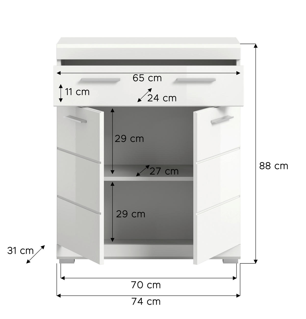 MIDISCHRANK 74/88/31 cm  - Weiss Hochglanz/Weiss, Modern, Holzwerkstoff/Kunststoff (74/88/31cm) - MID.YOU