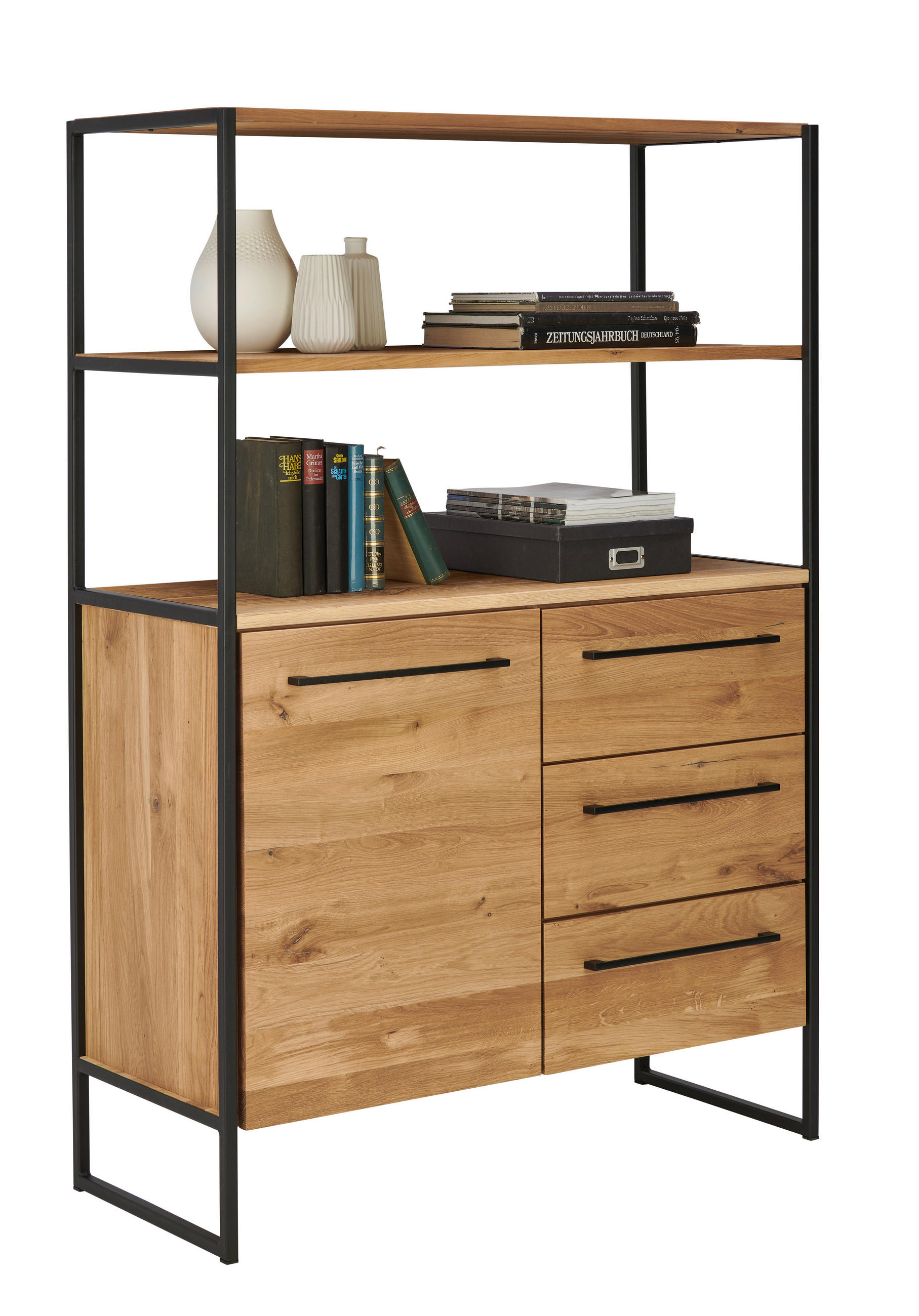 REGAL Eiche massiv Schwarz, Eichefarben  - Eichefarben/Schwarz, Design, Holz/Metall (106/156/44cm) - Lomoco