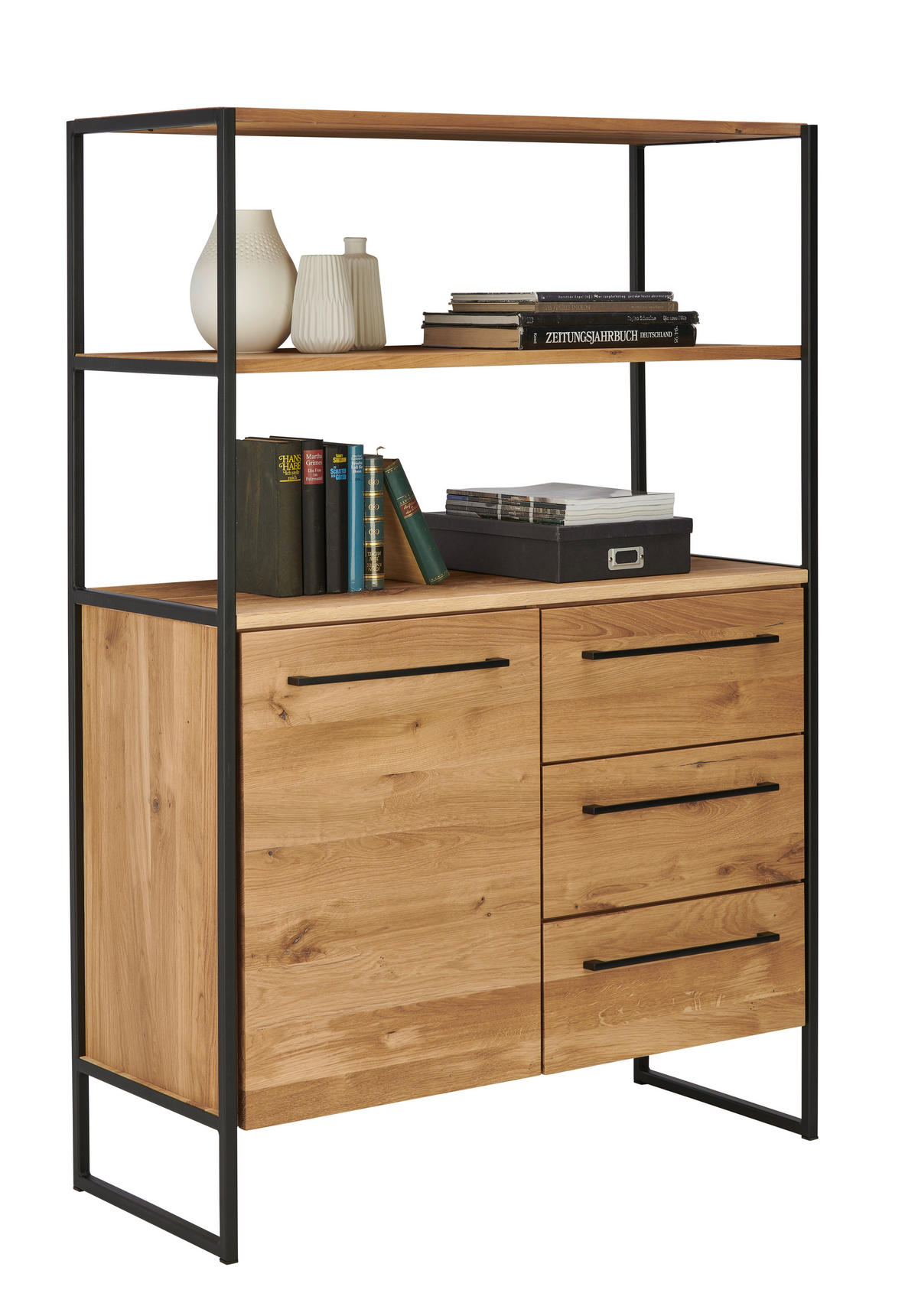 REGAL Eiche massiv Schwarz, Eichefarben  - Eichefarben/Schwarz, Design, Holz/Metall (106/156/44cm) - Lomoco