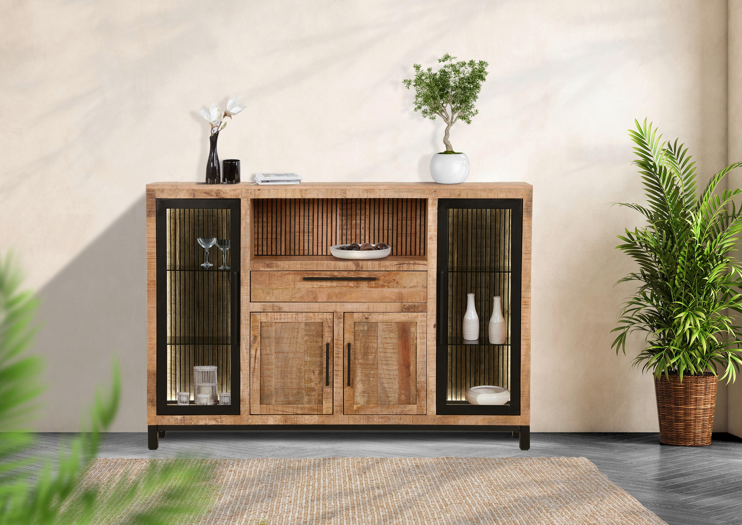 SIDEBOARD  in 160/110/43 cm  - Schwarz/Naturfarben, MODERN, Glas/Holz (160/110/43cm) - Livetastic