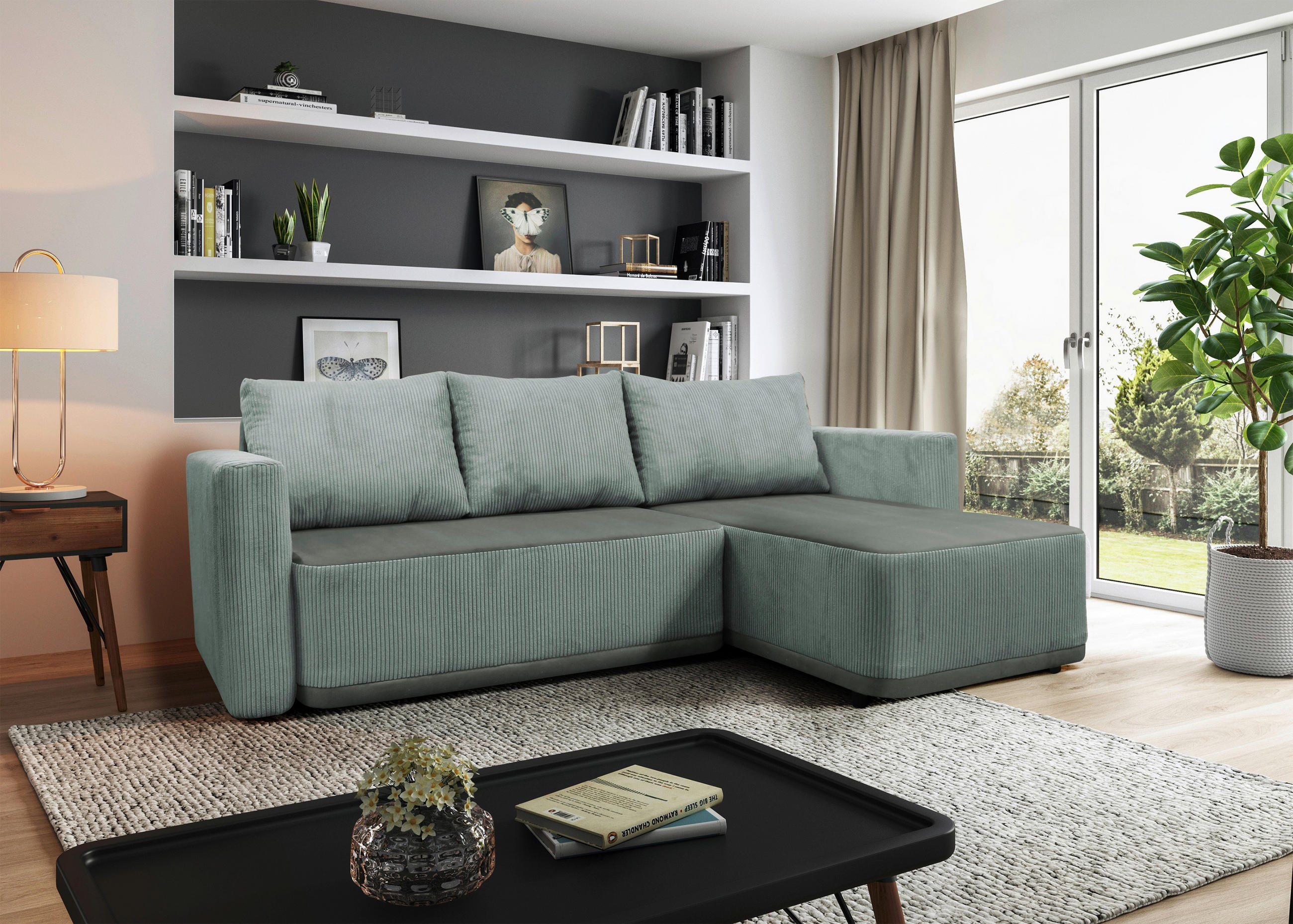 ECKSOFA STELLA Türkis Plüsch Rückenkissen, Bettkasten  - Türkis/Schwarz, Design, Kunststoff/Textil (234/166cm) - MID.YOU