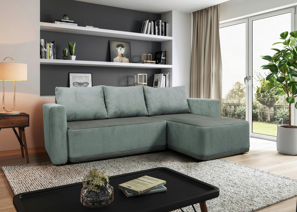 ECKSOFA STELLA Türkis Plüsch Rückenkissen, Bettkasten  - Türkis/Schwarz, Design, Kunststoff/Textil (234/166cm) - MID.YOU