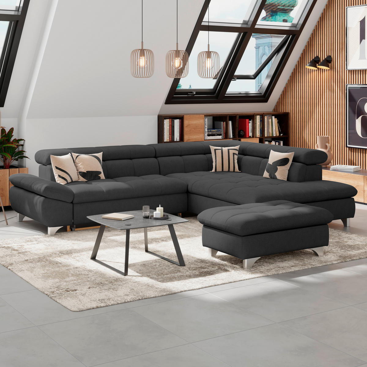 HOCKER in Textil Schwarz  - Chromfarben/Schwarz, Konventionell, Textil/Metall (108/46/108cm) - Livetastic