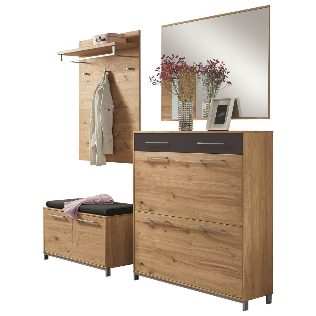 Thumbnail - Garderobe, Anthrazit, Eiche, Holz, Glas, Textil, 5-teilig, Eiche, Balkeneiche, furniert, teilmassiv, 195x195x40 cm, Gold...