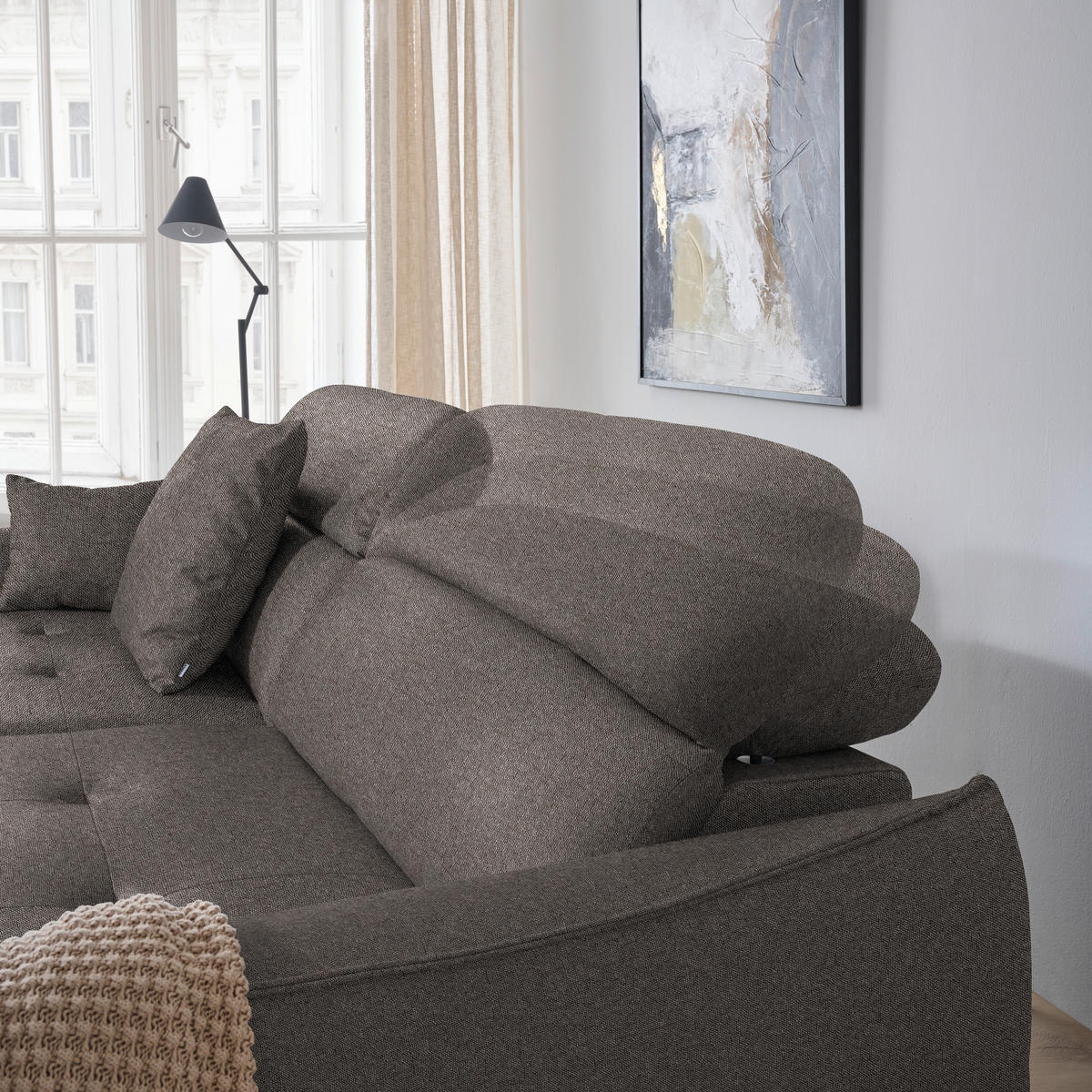 ECKSOFA Flachgewebe Graubraun  - Graubraun/Schwarz, Design, Textil/Metall (246/175cm) - Celina