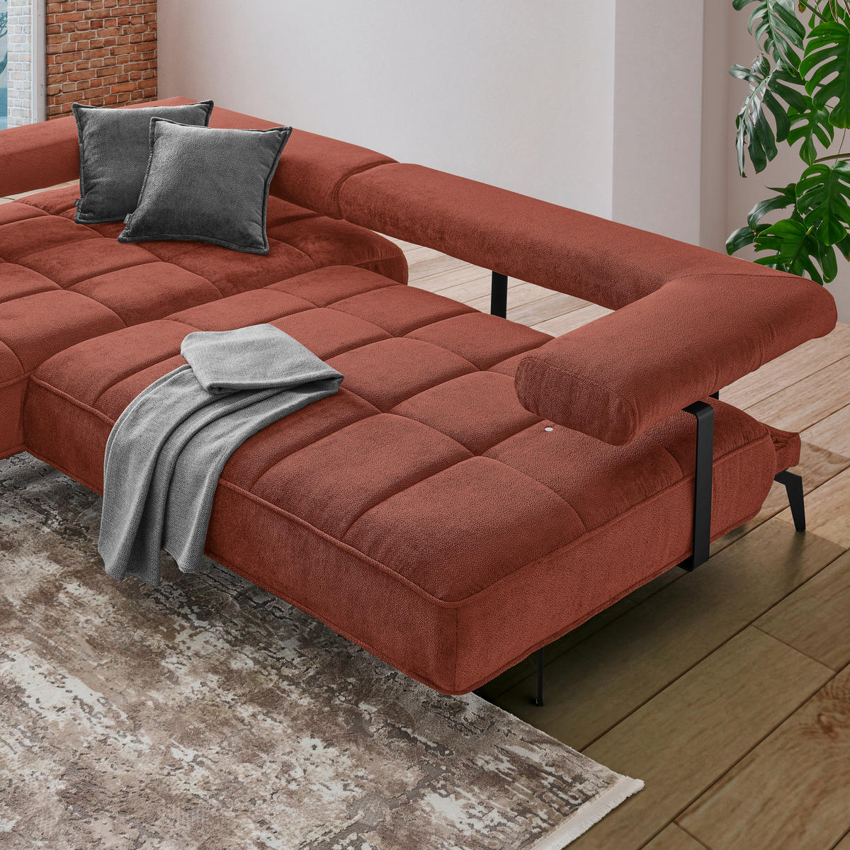 ECKSOFA Terracotta Webstoff  - Terracotta/Schwarz, Design, Textil/Metall (180/266cm) - Welnova