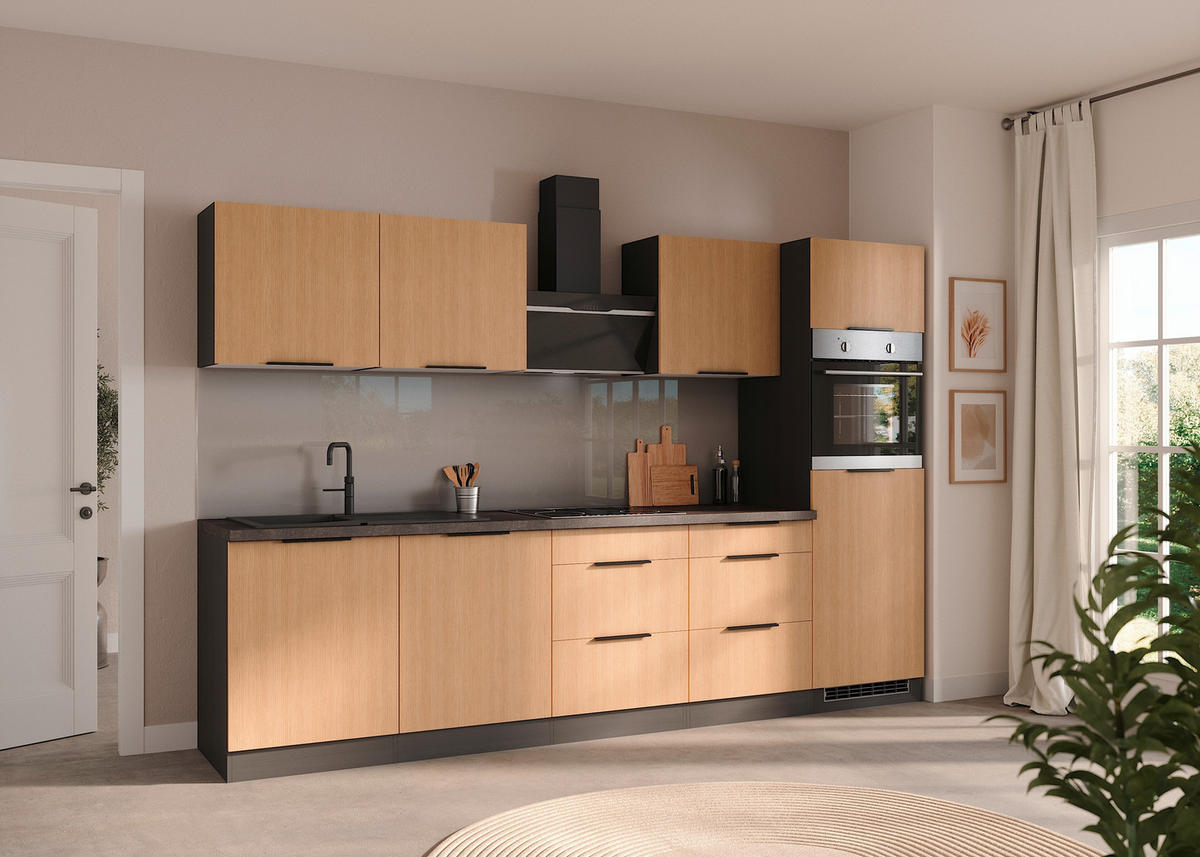 KÜCHENBLOCK 300 cm   in Graphitfarben, Eichefarben  - Eichefarben/Schwarz, Lifestyle, Holzwerkstoff/Metall (300cm) - Held