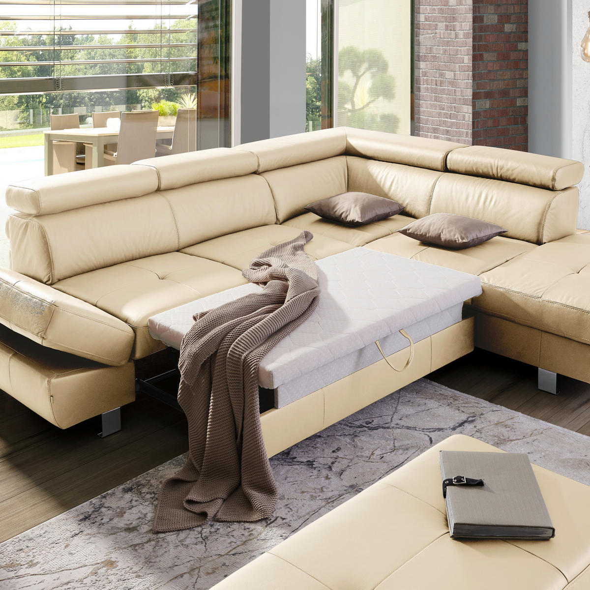 Ecksofa inkl. Funktion Ecru Kombination Echtleder/Lederlook Lederlook  - Chromfarben/Ecru, Design, Leder/Textil (256/212cm) - Stylife