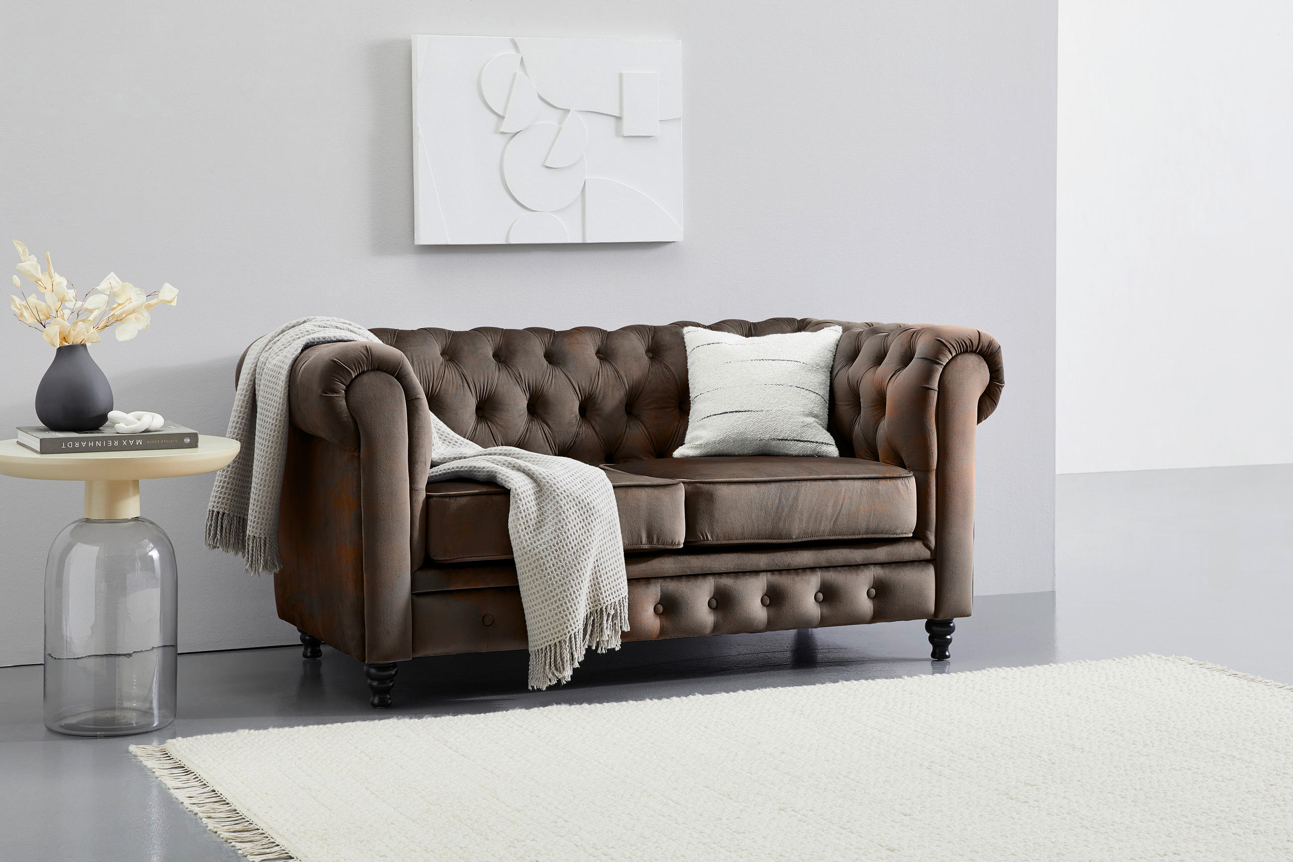 CHESTERFIELD-SOFA Lederlook, Mikrofaser Braun, Schwarz  - Schwarz/Braun, Trend, Holz/Textil (165/73/87cm) - Xora