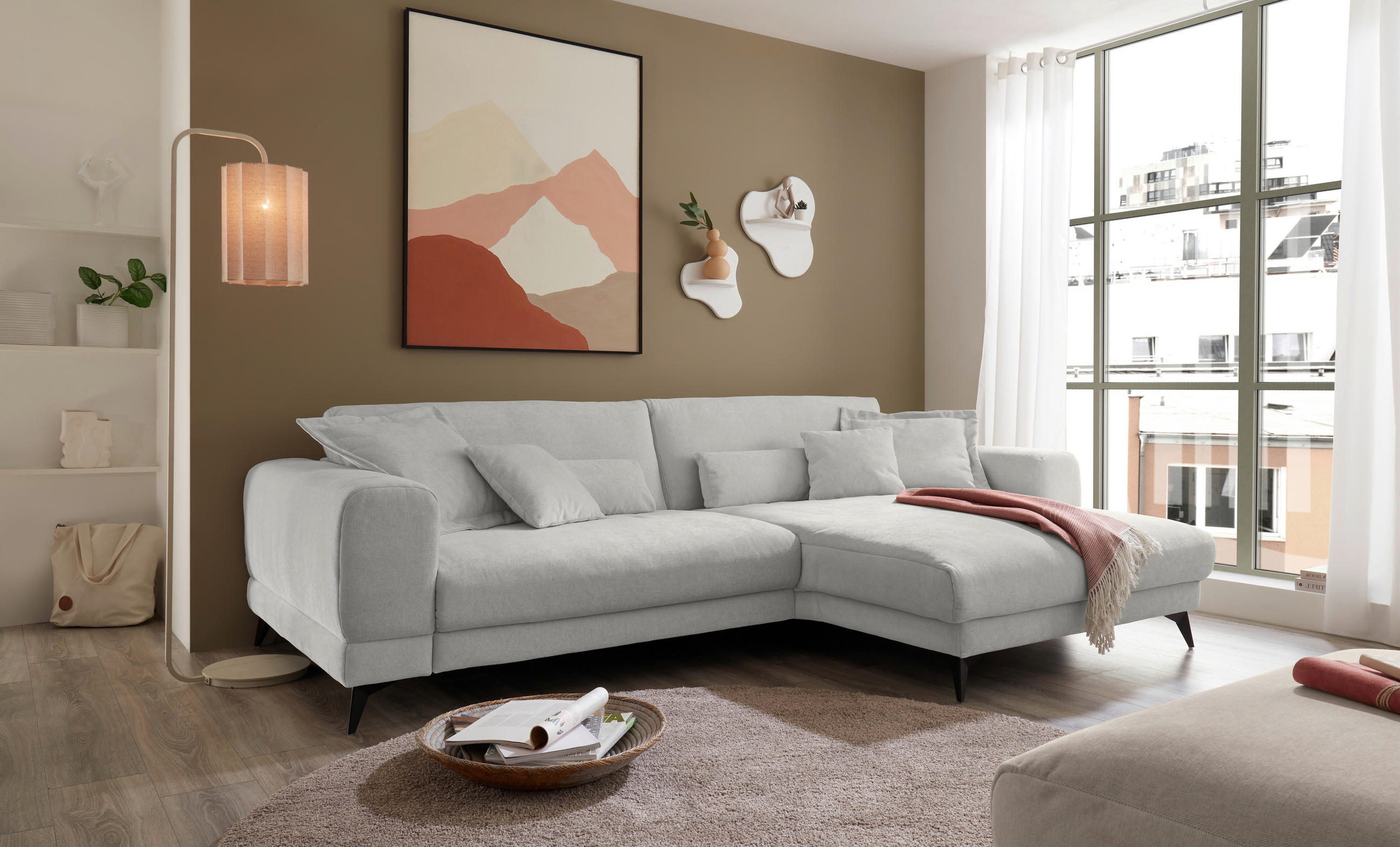 ECKSOFA Hellgrau Chenille  - Hellgrau/Schwarz, KONVENTIONELL, Textil/Metall (292/194cm) - SetOne by Musterring