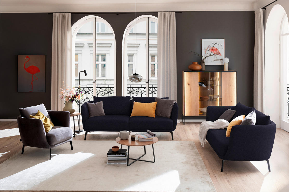 3-SITZER-SOFA Flachgewebe Anthrazit  - Anthrazit/Schwarz, Design, Textil/Metall (210/71/91cm) - Schöner Wohnen