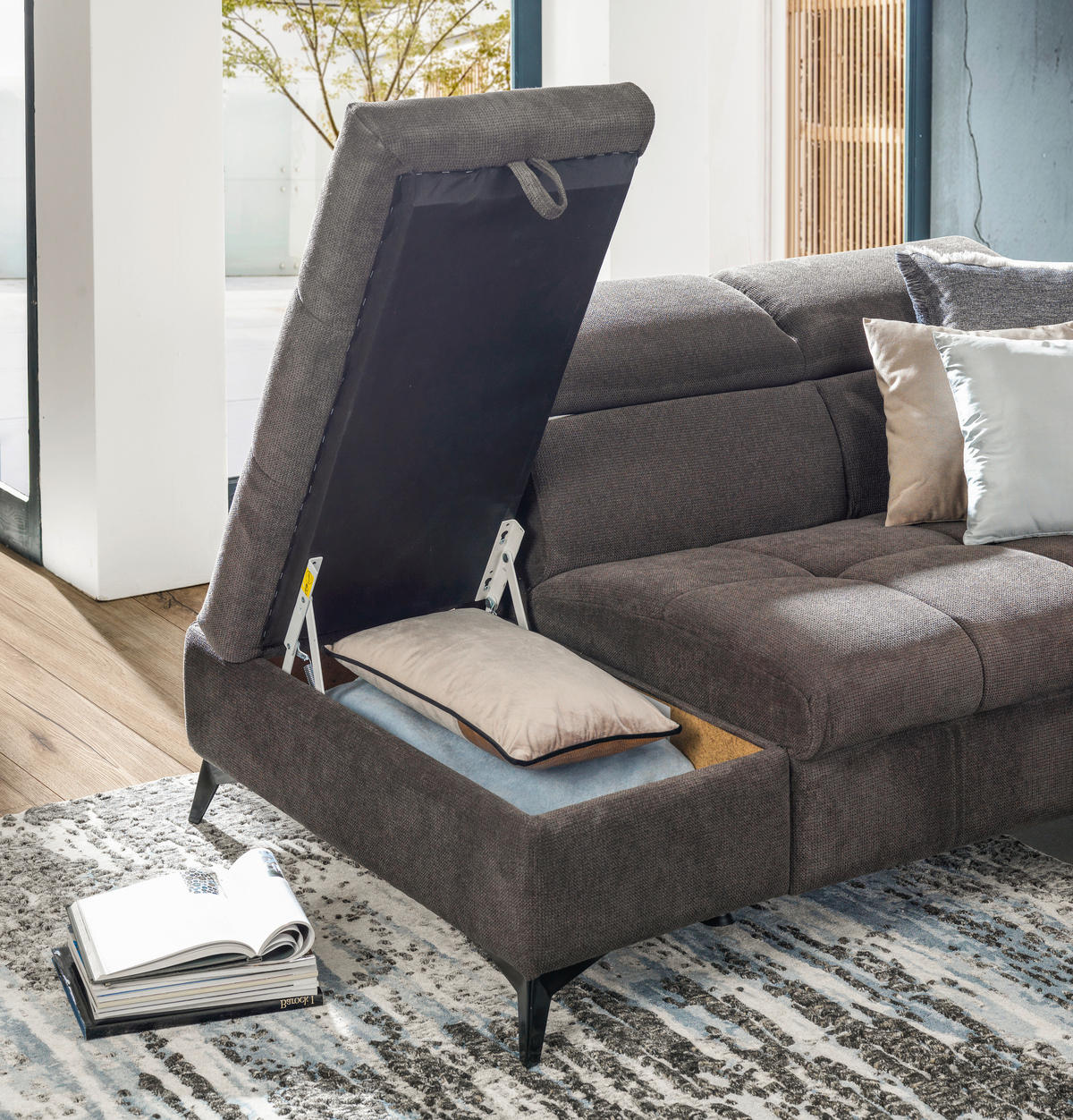 ECKSOFA mit Funkion Graubraun Mikrofaser  - Graubraun/Schwarz, Design, Kunststoff/Textil (210/279cm) - Stylife