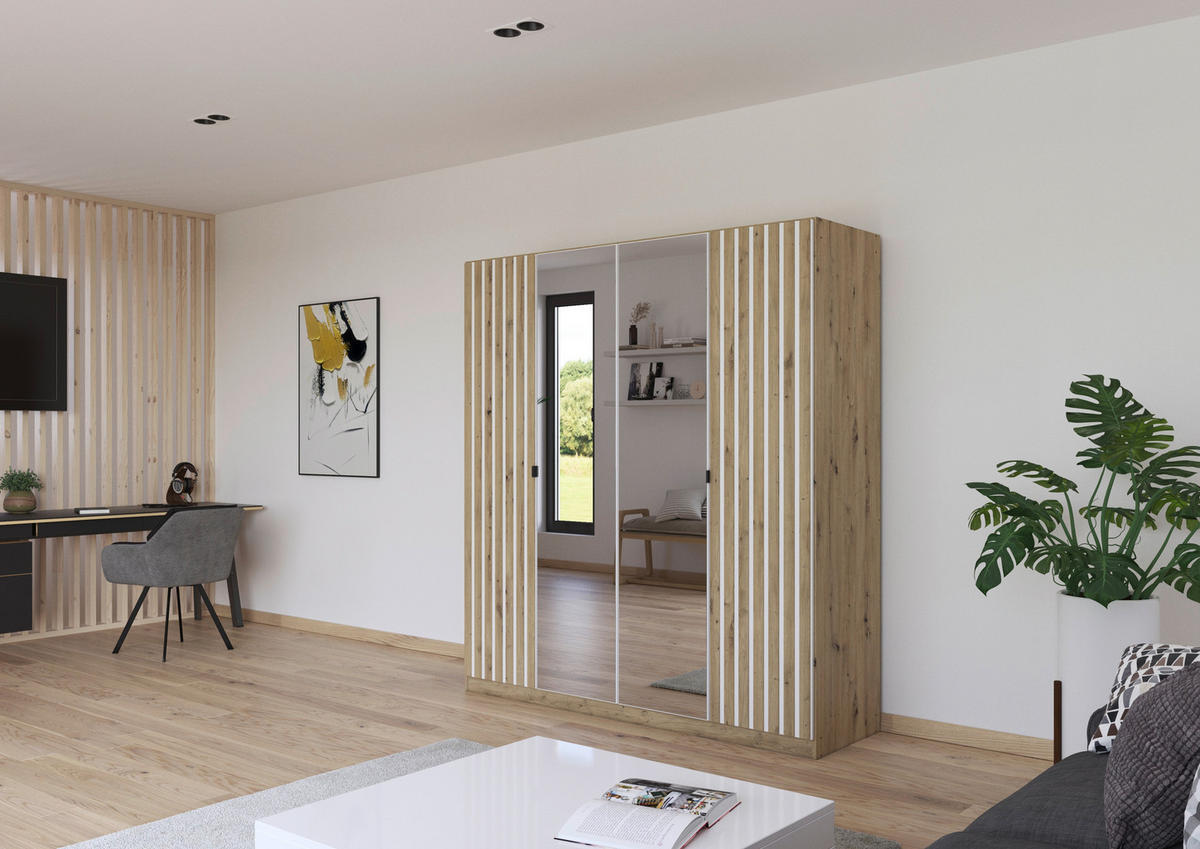 DREHTÜRENSCHRANK 181/197/54 cm,  in Weiß, Eiche Artisan, 4-türig  - Weiß/Eiche Artisan, MODERN, Holzwerkstoff/Metall (181/197/54cm) - Rauch Möbel