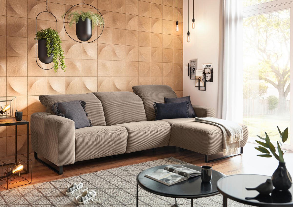 ECKSOFA Taupe Cord  - Taupe/Schwarz, KONVENTIONELL, Textil/Metall (266/180cm) - Hom`in