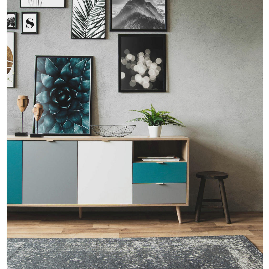 Thumbnail - Mid.you Sideboard, Grau, Weiß, Eiche, Petrol, Holzwerkstoff, 2 Fächer, 2 Schubladen, 180x71x40 cm, Wohnzimmer, Kommoden ...