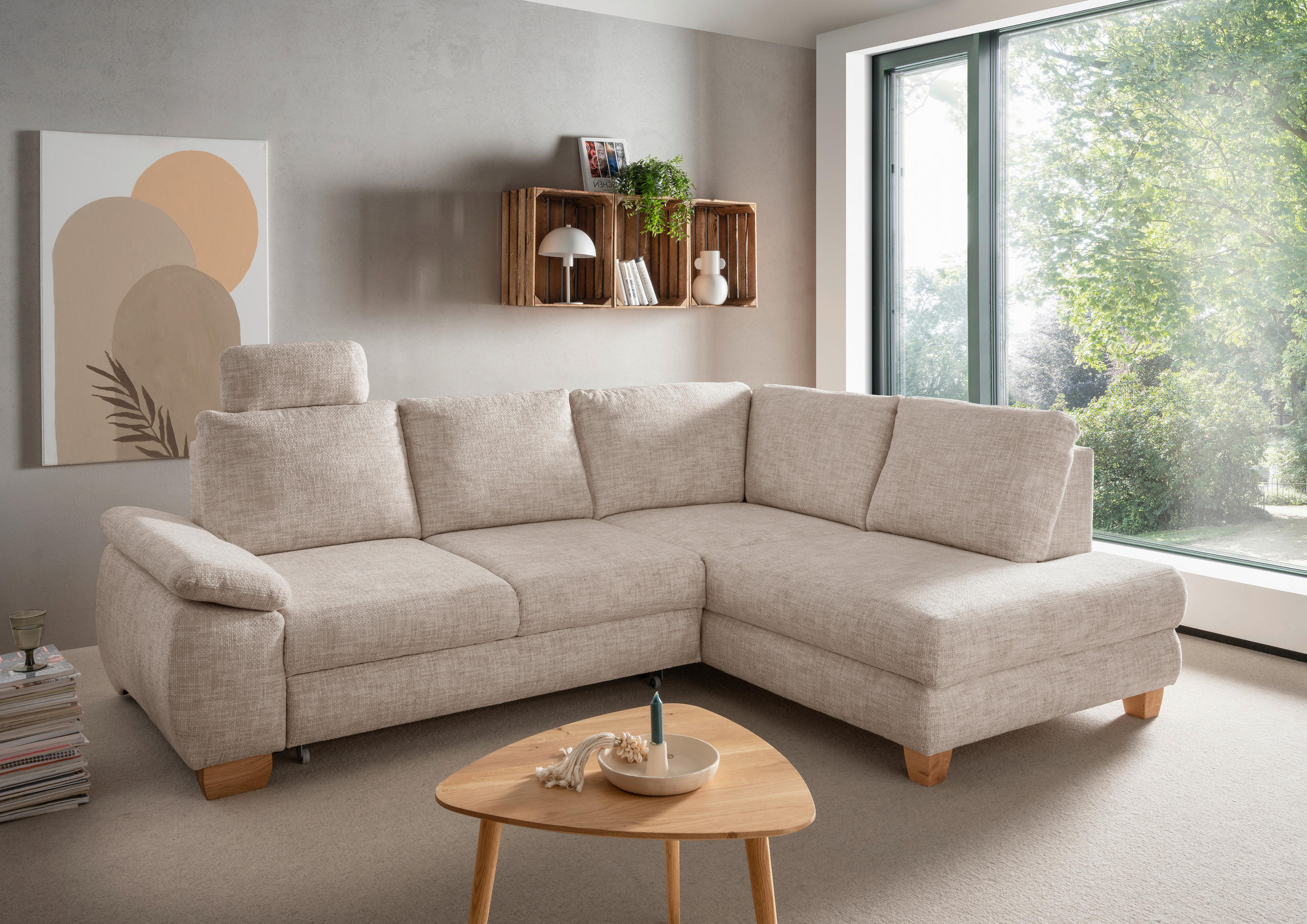 ECKSCHLAFSOFA Positano  mit Liegefunktion, Rücken echt, Armteil links Struktur Creme  - Wildeiche/Creme, MODERN, Holz/Textil (265/206cm) - Livetastic