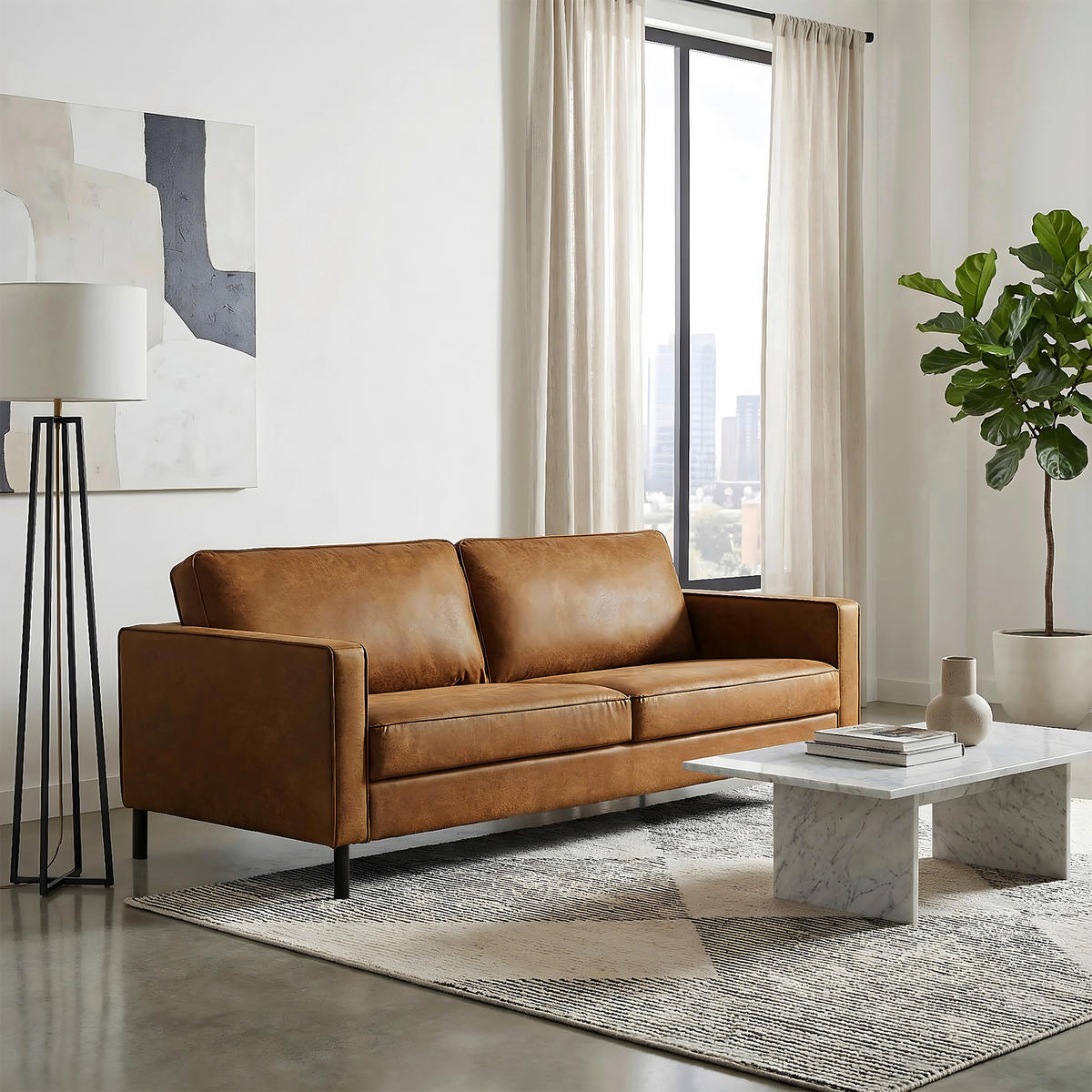 3-SITZER-SOFA Echtleder Lederlook Hellbraun  - Hellbraun/Schwarz, Design, Leder/Textil (188/85/92cm) - Livetastic