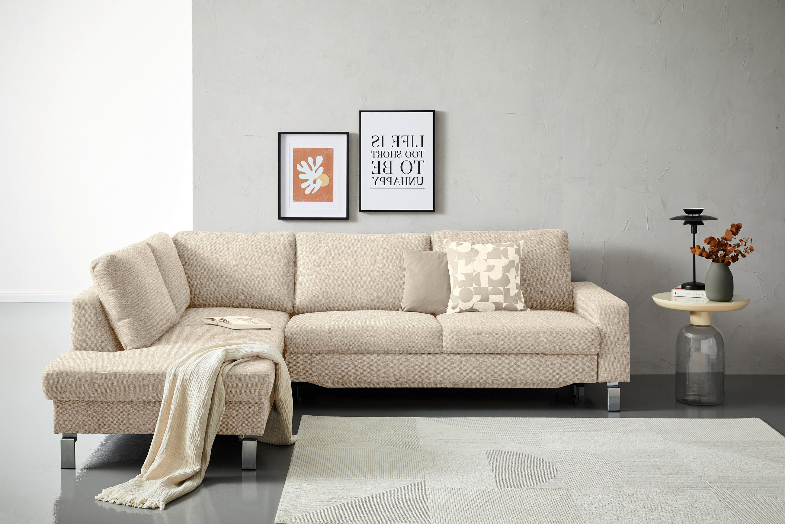 ECKSOFA in Flachgewebe Beige  - Chromfarben/Beige, Design, Textil/Metall (200/276cm) - Hom`in