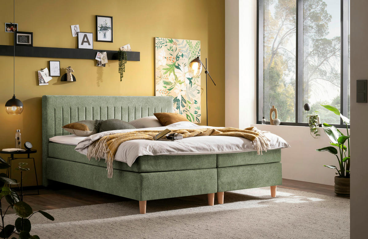 BOXSPRINGBETT 180/200 cm  in Grün  - Buchefarben/Grün, Basics, Holz/Textil (180/200cm) - Boxxx