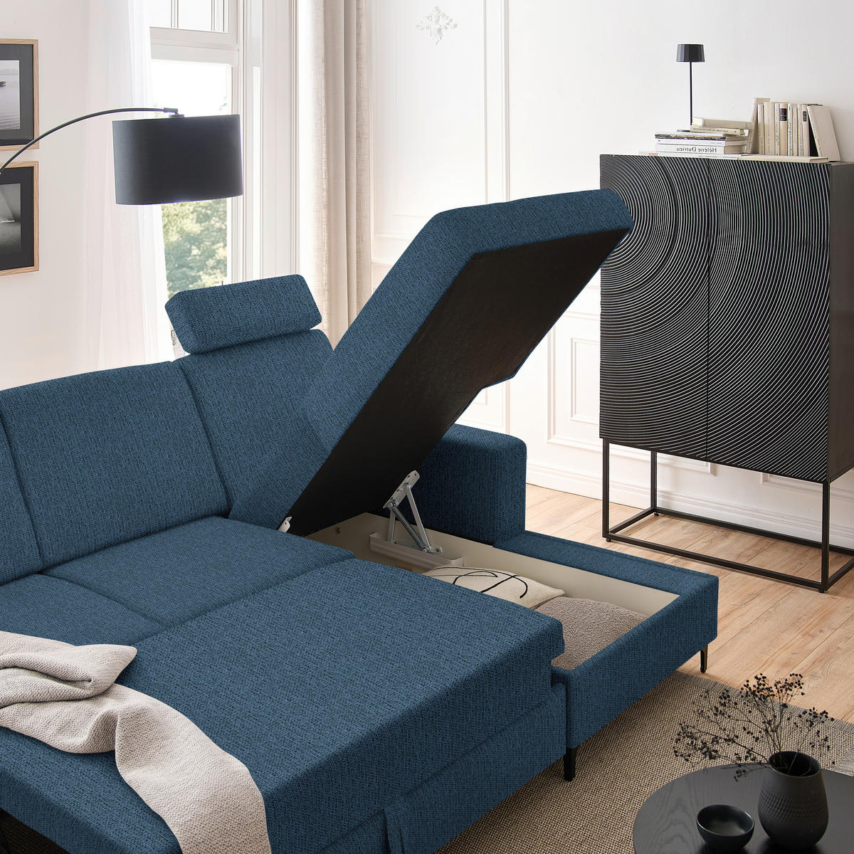 ECKSOFA in Webstoff Blau  - Blau/Schwarz, KONVENTIONELL, Textil/Metall (247/167cm) - Stylife