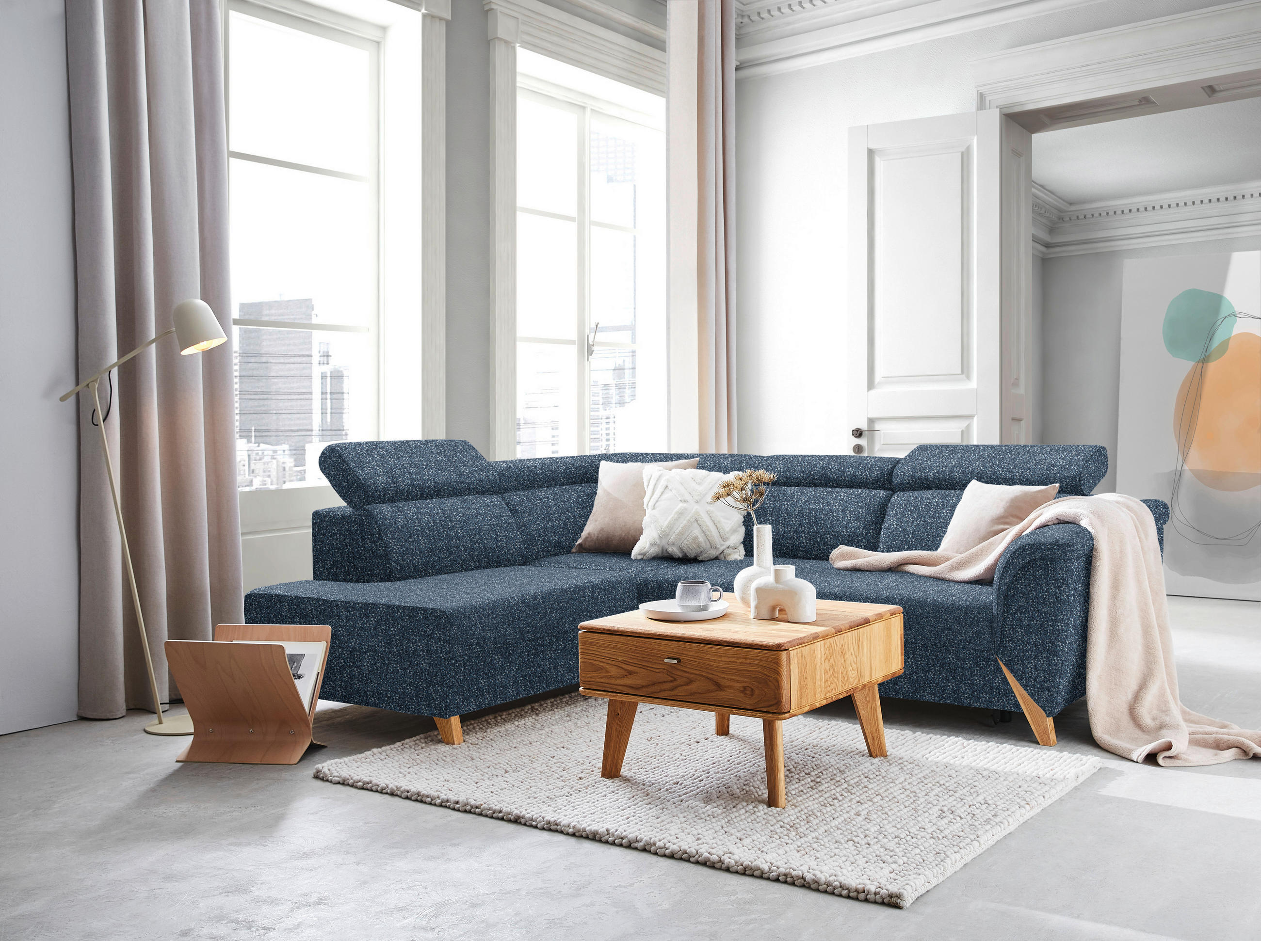 ECKSOFA  in Bouclé Blau  200/265 cm  - Blau/Naturfarben, KONVENTIONELL, Holz/Textil (200/265cm) - Stylife