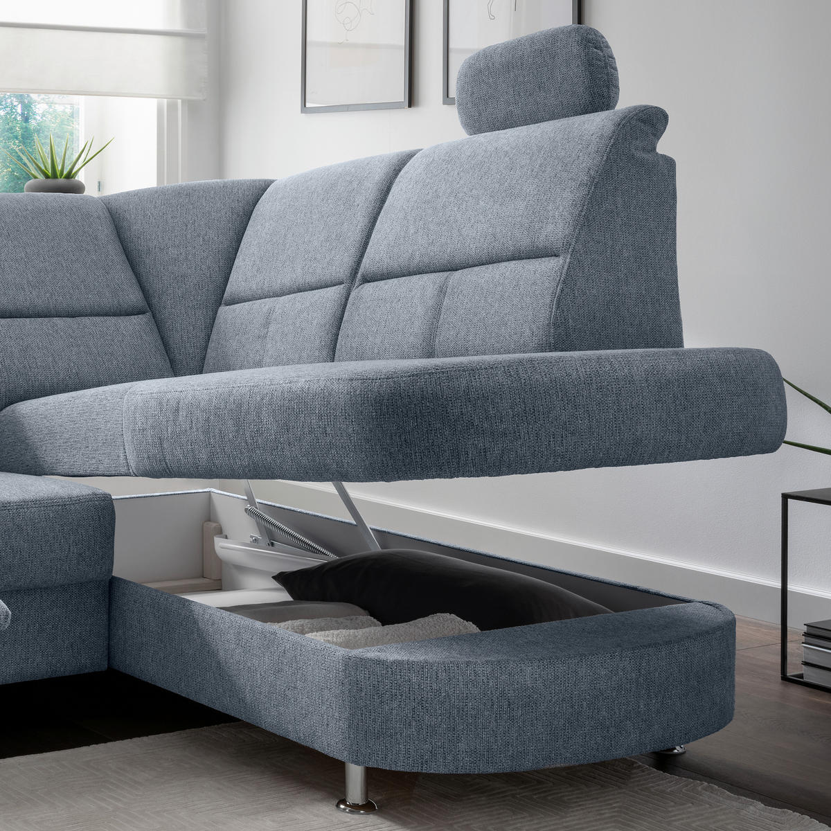 ECKSOFA in Chenille Hellblau  - Chromfarben/Hellblau, Konventionell, Textil/Metall (231/184cm) - Livetastic
