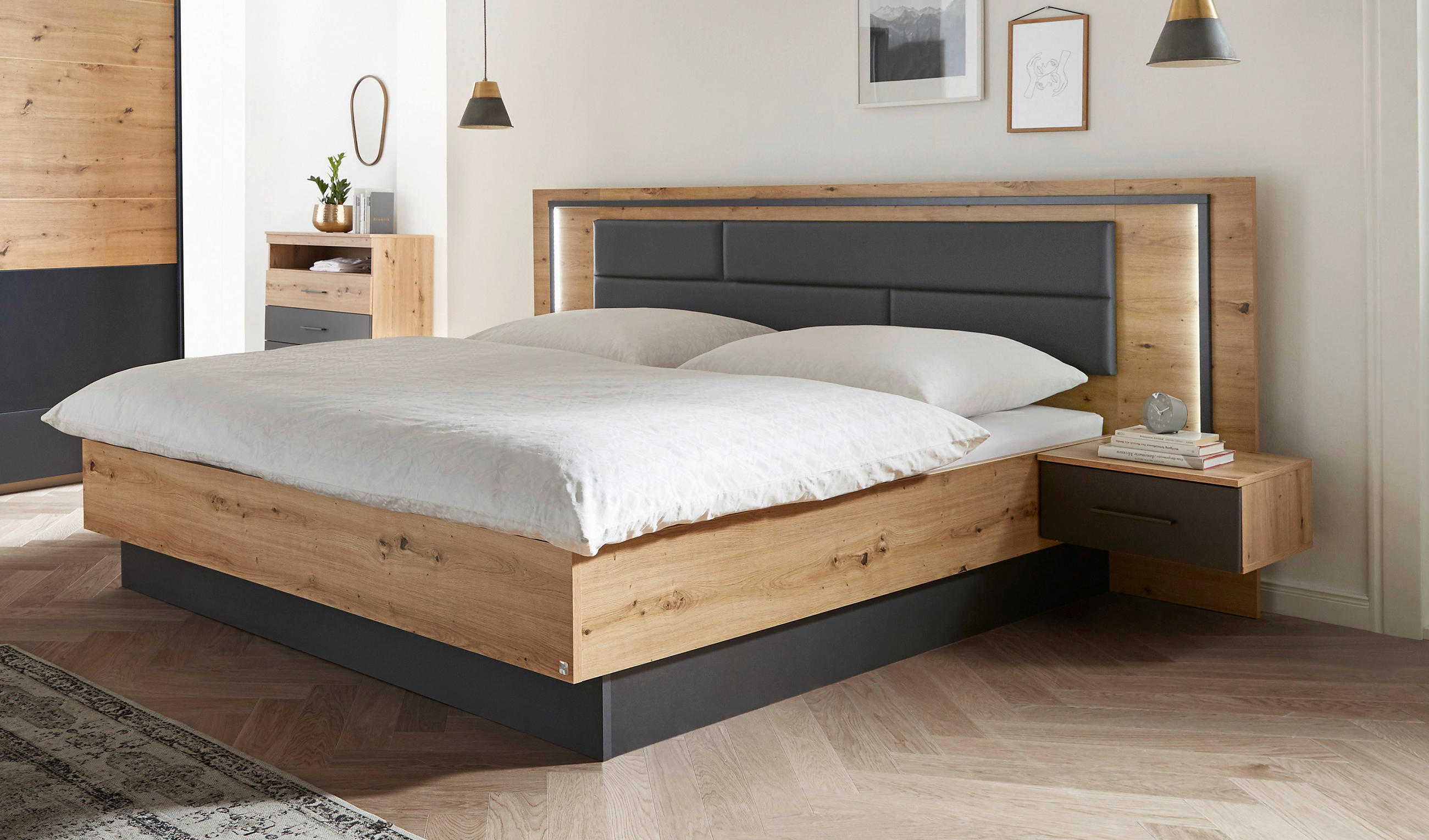 SET KREVETA I NOĆNIH ORMARIĆA   180/200 cm   siva, boje hrasta  - siva/boje hrasta, Design, drvni materijal/tekstil (180/200cm) - Rauch Möbel