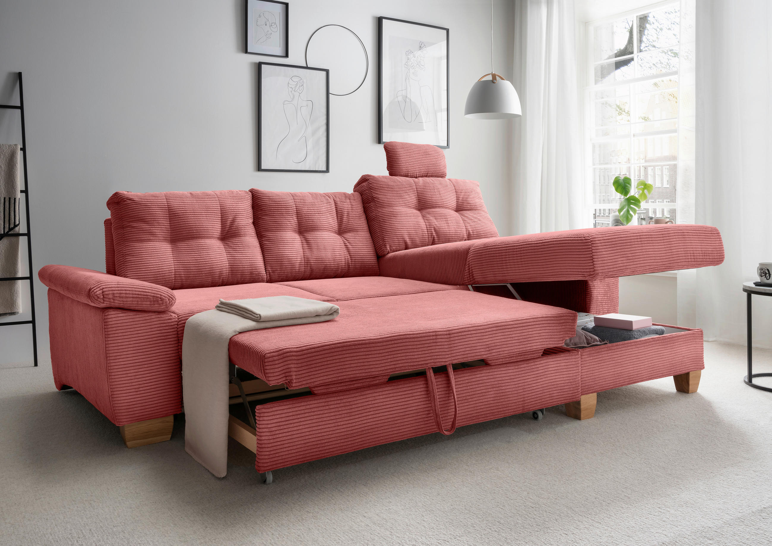 ECKSOFA in Cord Koralle - Koralle/Naturfarben, Modern, Holz/Textil (270/176cm) - Livetastic