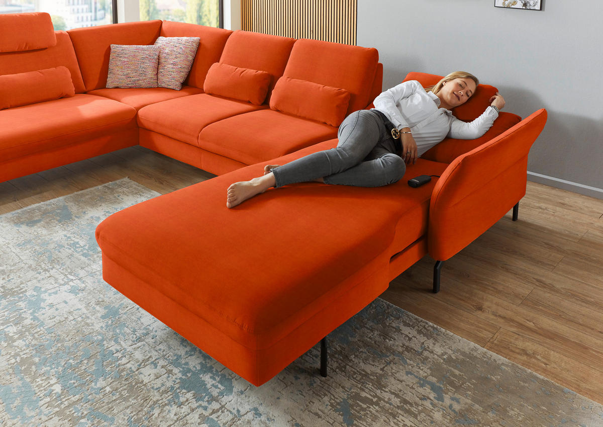 WOHNLANDSCHAFT in Velours Orange  - Schwarz/Orange, Design, Textil/Metall (220/335/179cm) - Beldomo System