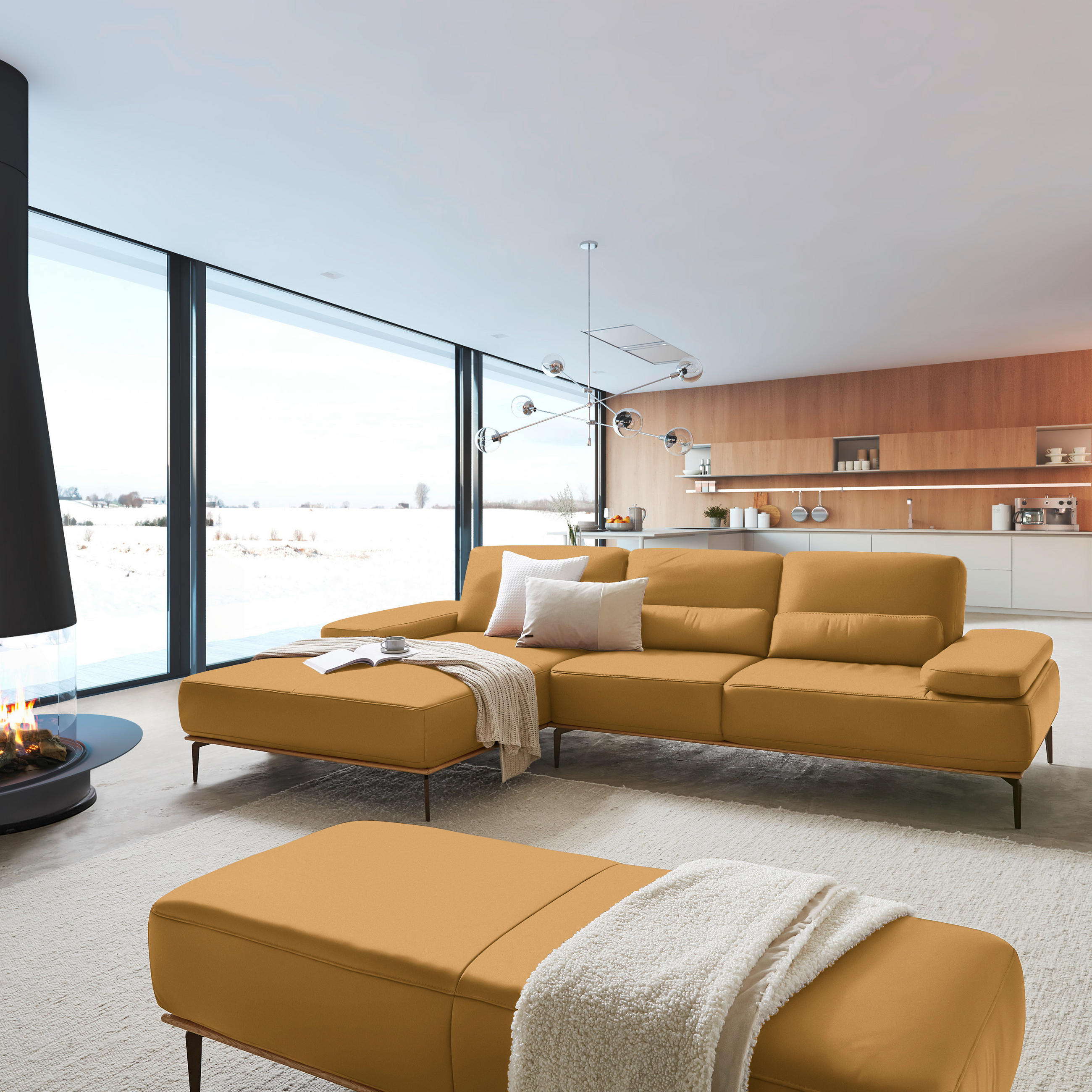 ECKSOFA in Echtleder Currygelb  - Currygelb/Bronzefarben, Design, Leder/Holz (176/314cm) - Valnatura