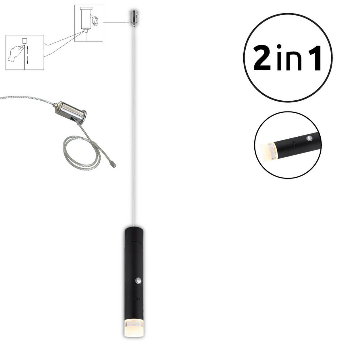 AKKU-LED-HÄNGELEUCHTE Nowa 3,8/120 cm   - Klar/Schwarz, Basics, Kunststoff/Metall (3,8/120cm) - Novel