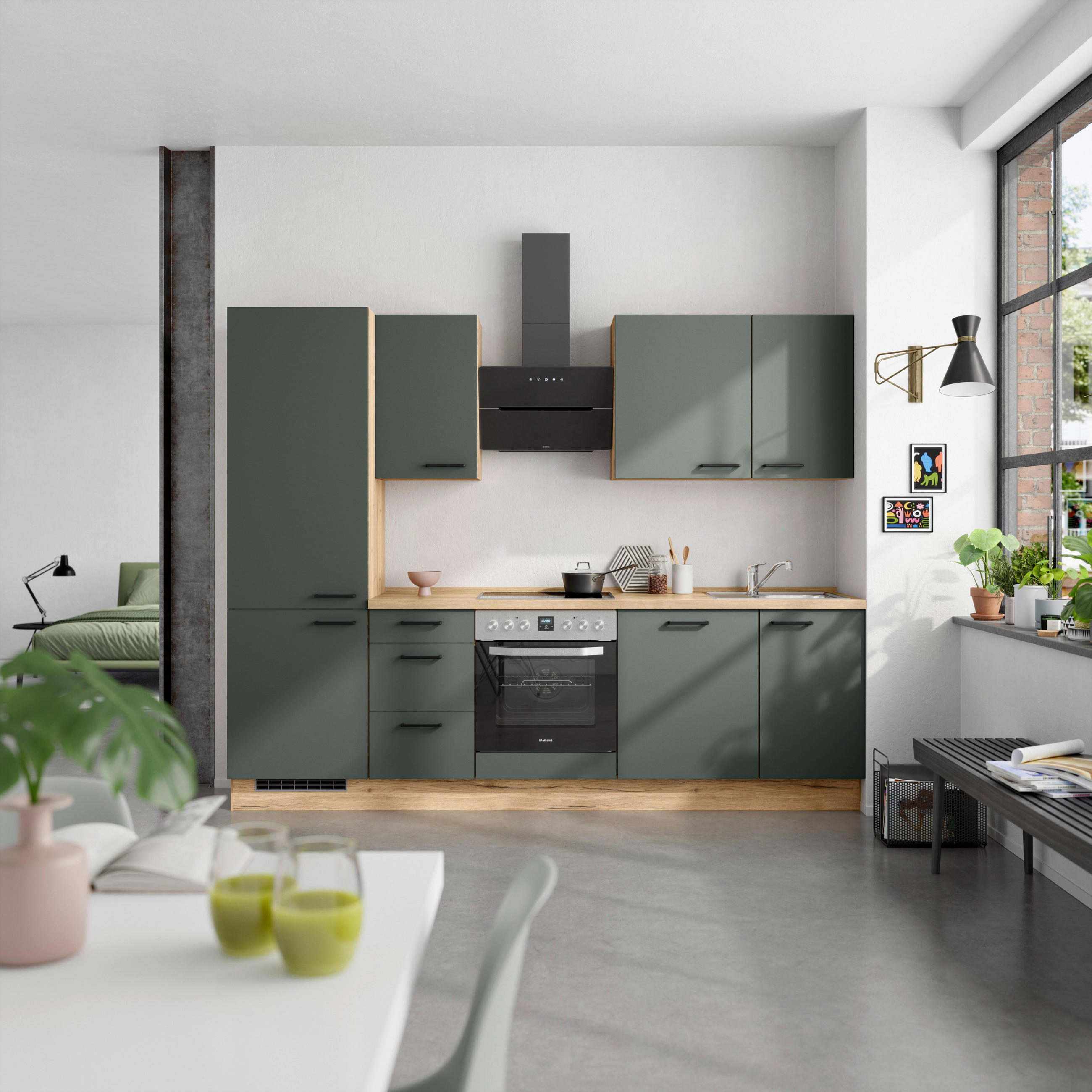 KÜCHENBLOCK 270 cm   in Eichefarben, Dunkelgrün  - Dunkelgrün/Eichefarben, MODERN, Holzwerkstoff/Metall (270cm) - Nobilia