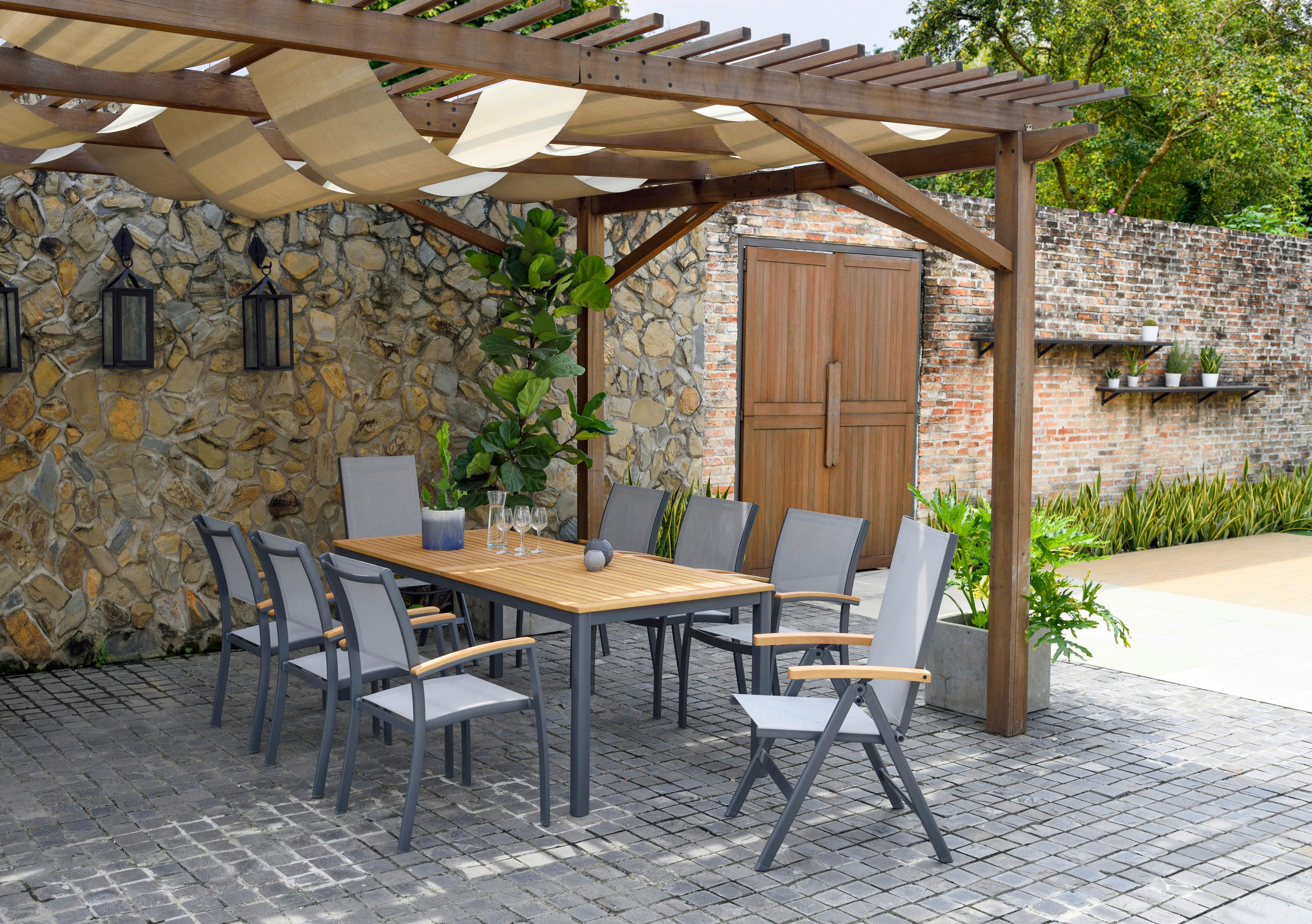 GARTENKLAPPSESSEL in Holz, Metall, Textil Grau, Hellgrau, Teakfarben  - Hellgrau/Grau, Design, Holz/Textil (56,4/105,8/65,50cm) - Ambia Garden