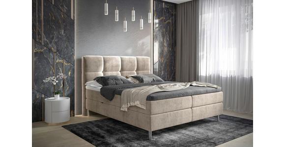 BOXBETT 140/200 cm,  in Taupe, gepolstertes Kopfteil, Bettkasten, Topper, H3 = fest  - Taupe/Chromfarben, Design, Holz/Holzwerkstoff (140/200cm) - Esposa