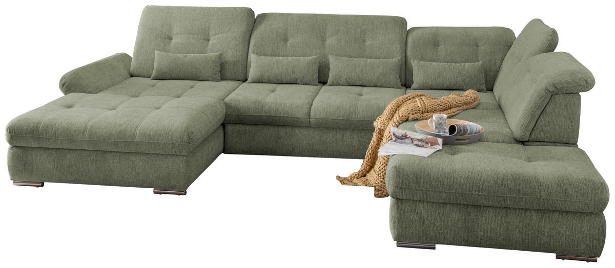 WOHNLANDSCHAFT Chenille Grün  - Chromfarben/Grün, Design, Textil/Metall (195/376/254cm) - Livetastic