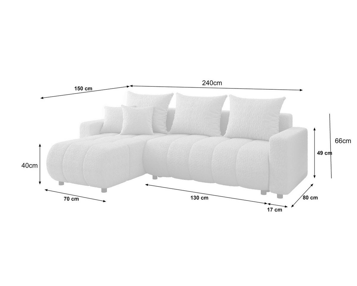 ECKSOFA Weiß Bouclé Zierkissen, Rückenkissen, Bettkasten, Schlaffunktion, Rücken echt, Liegefläche im Originalstoff  - Schwarz/Weiß, MODERN, Kunststoff/Textil (150/240cm) - Carryhome