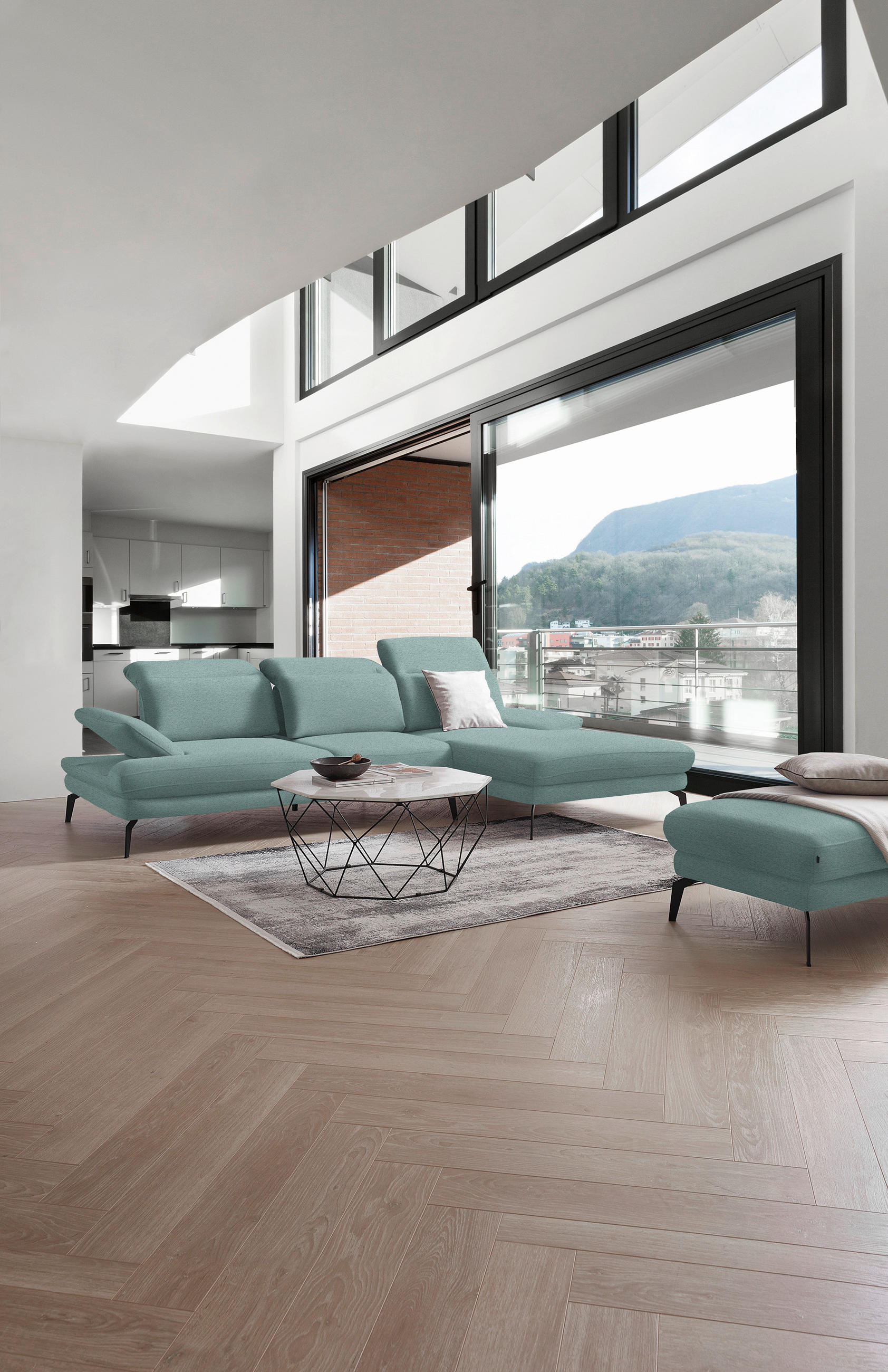 ECKSOFA in Webstoff Türkis  - Türkis/Schwarz, Design, Textil/Metall (289/180cm) - Stylife