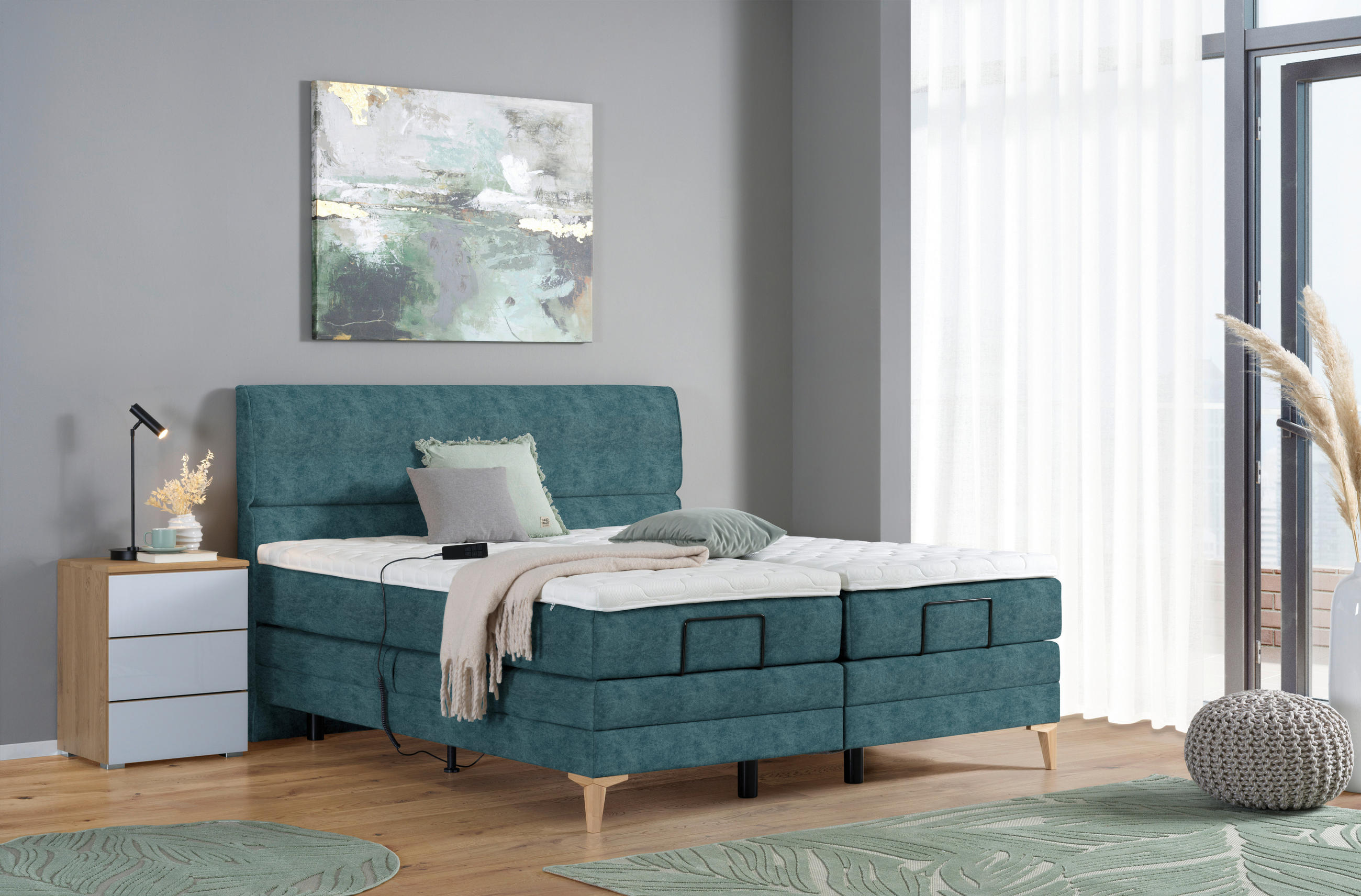 Thumbnail - Voleo Boxspringbett, Blau, Textil, H3, 7-Zonen, Höhe ca. 19 cm, 180x200 cm, Über- und Sondergrößen erhältlich, gepolster...