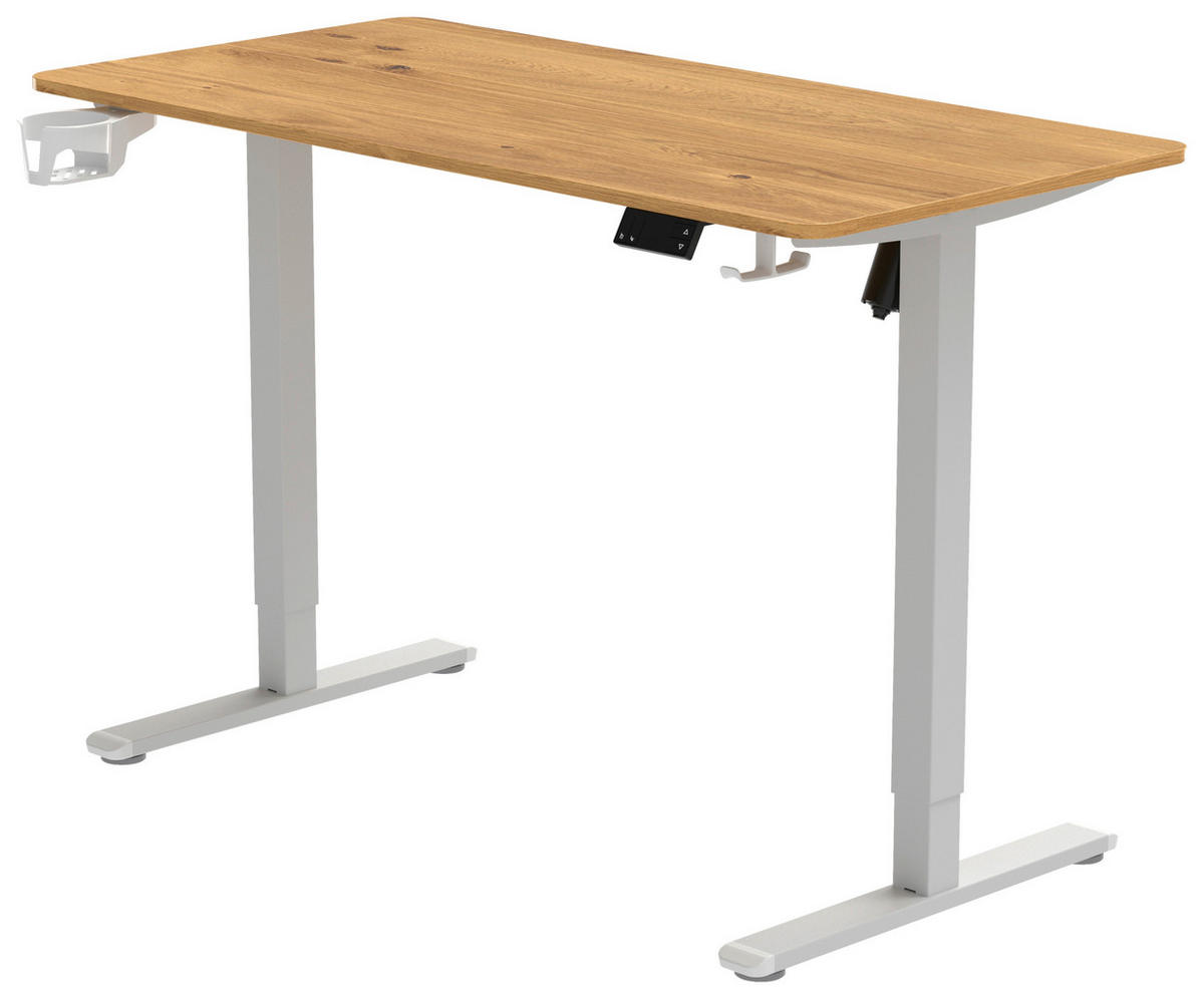 SCHREIBTISCH 120/60/70-115 cm Weiss, Plankeneiche höhenverstellbar, Memoryschalter, Getränkehalter, Headsethalter elektrisch höhenverstellbar  - Weiss/Plankeneiche, Modern, Holzwerkstoff/Kunststoff (120/60/70-115cm) - Livetastic