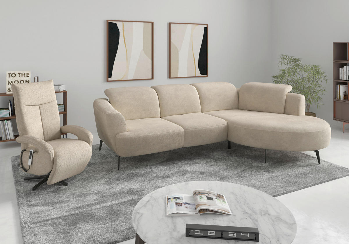 ECKSOFA ZOE E Sandfarben Chenille  - Sandfarben/Schwarz, KONVENTIONELL, Textil/Metall (309/199cm) - Sit & More