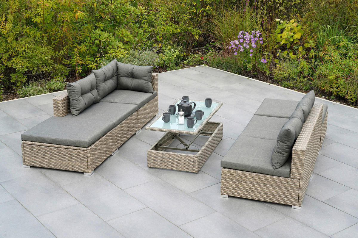 LOUNGEGARNITUR 7-teilig   Stahl  - Naturfarben/Grau, MODERN, Glas/Kunststoff - Gardenson