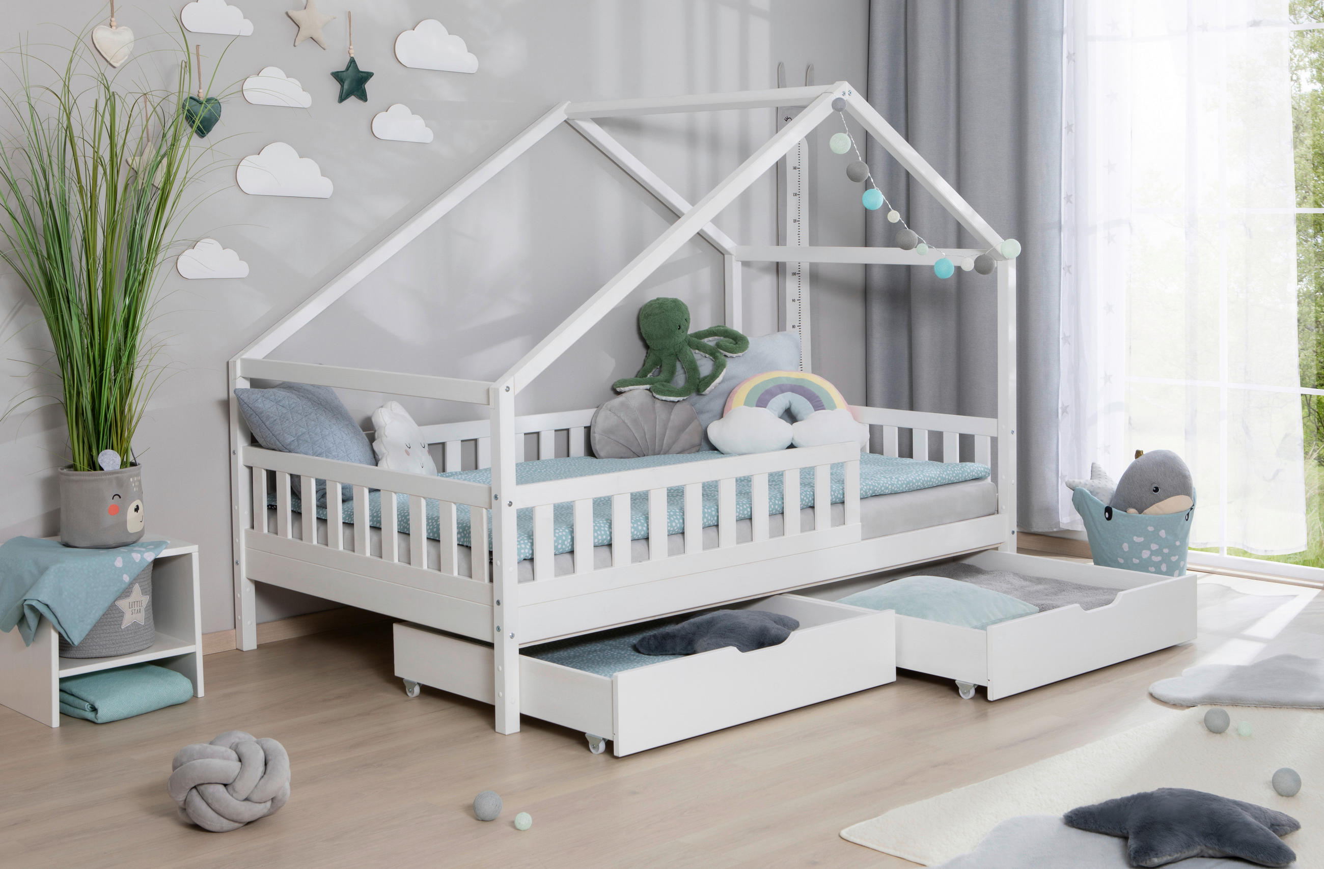 HAUSBETT Absturzsicherung, Rollrost, Bettschublade 140/200 cm  - Naturfarben/Weiß, MODERN, Holz (140/200cm) - MID.YOU